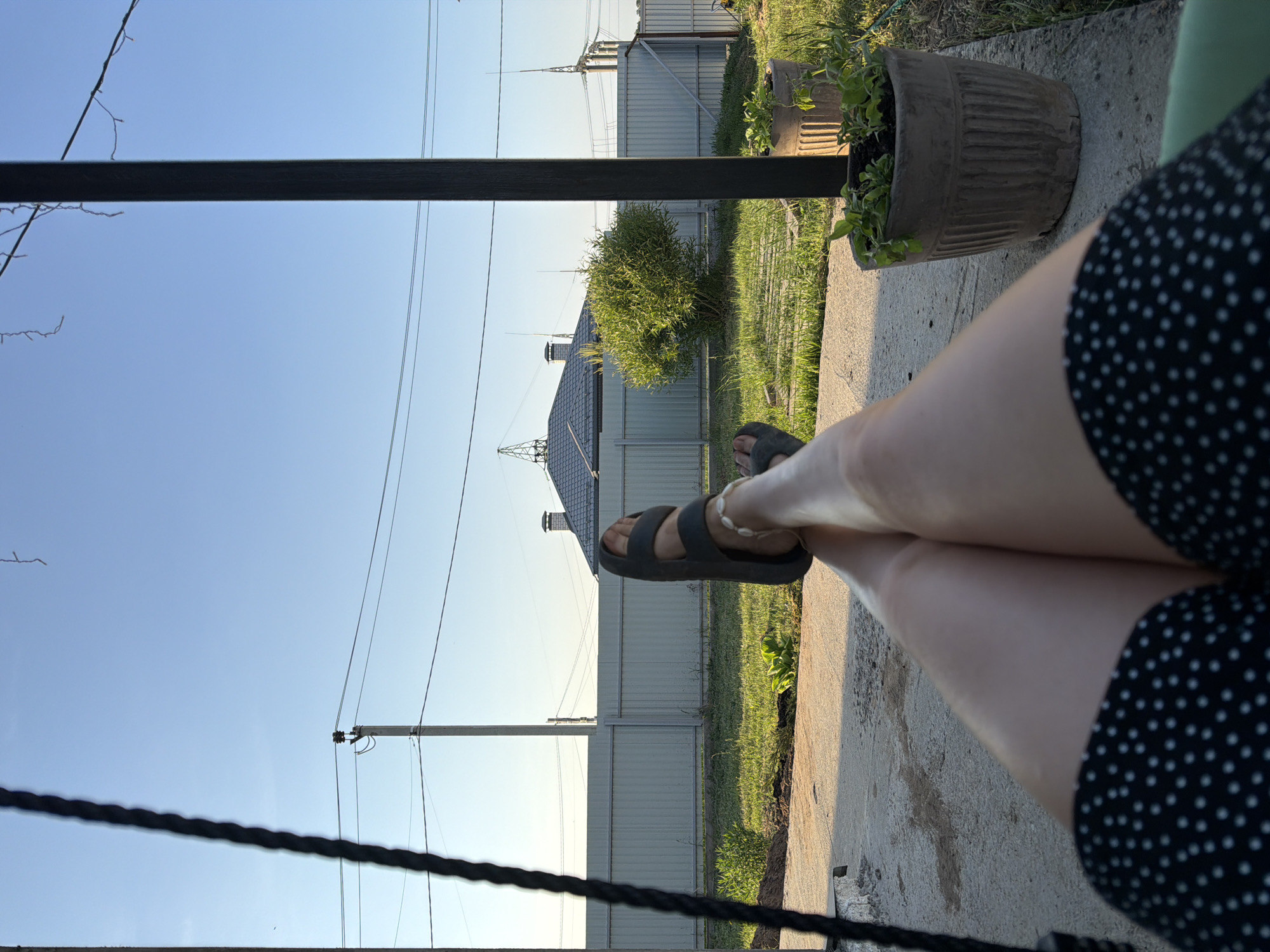 A person is seated outdoors on a concrete surface with their legs crossed and wearing black sandals, with a shell anklet on one ankle. The person is wearing a black and white polka dot dress. A brown, textured flower pot with green plants is on the right. In the background, there is a green lawn, a light gray metal fence, a small bush, and a gray house with a black roof and chimney. Power lines and poles are visible against a clear blue sky. The image appears to have been taken from a low angle, possibly from a seated position. The location is in the city of Chaikovsky, Russia.