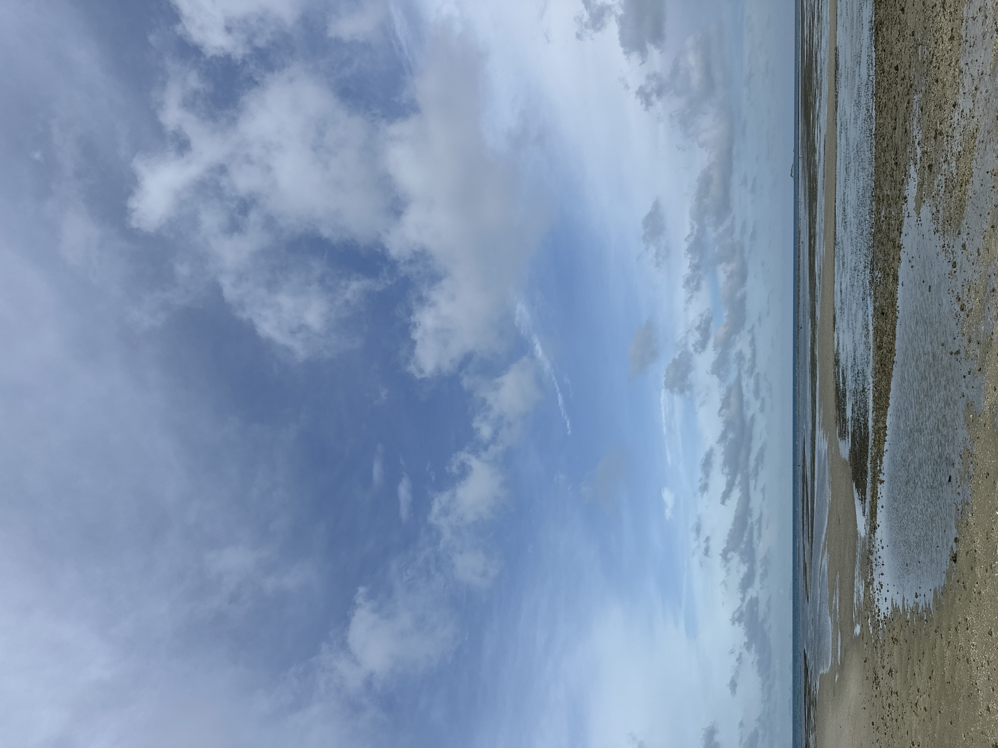 The image depicts a serene beach scene at low tide in Koh Phangan, Thailand. The foreground is a sandy beach dotted with small rocks and shells, with shallow pools of water reflecting the sky. The midground shows the receding waterline, creating intricate patterns on the wet sand. In the distance, the calm sea meets the horizon under a vast sky filled with a mix of white, fluffy clouds and darker, scattered clouds. A faint outline of a distant island or landmass can be seen on the horizon. The overall atmosphere is tranquil and natural.