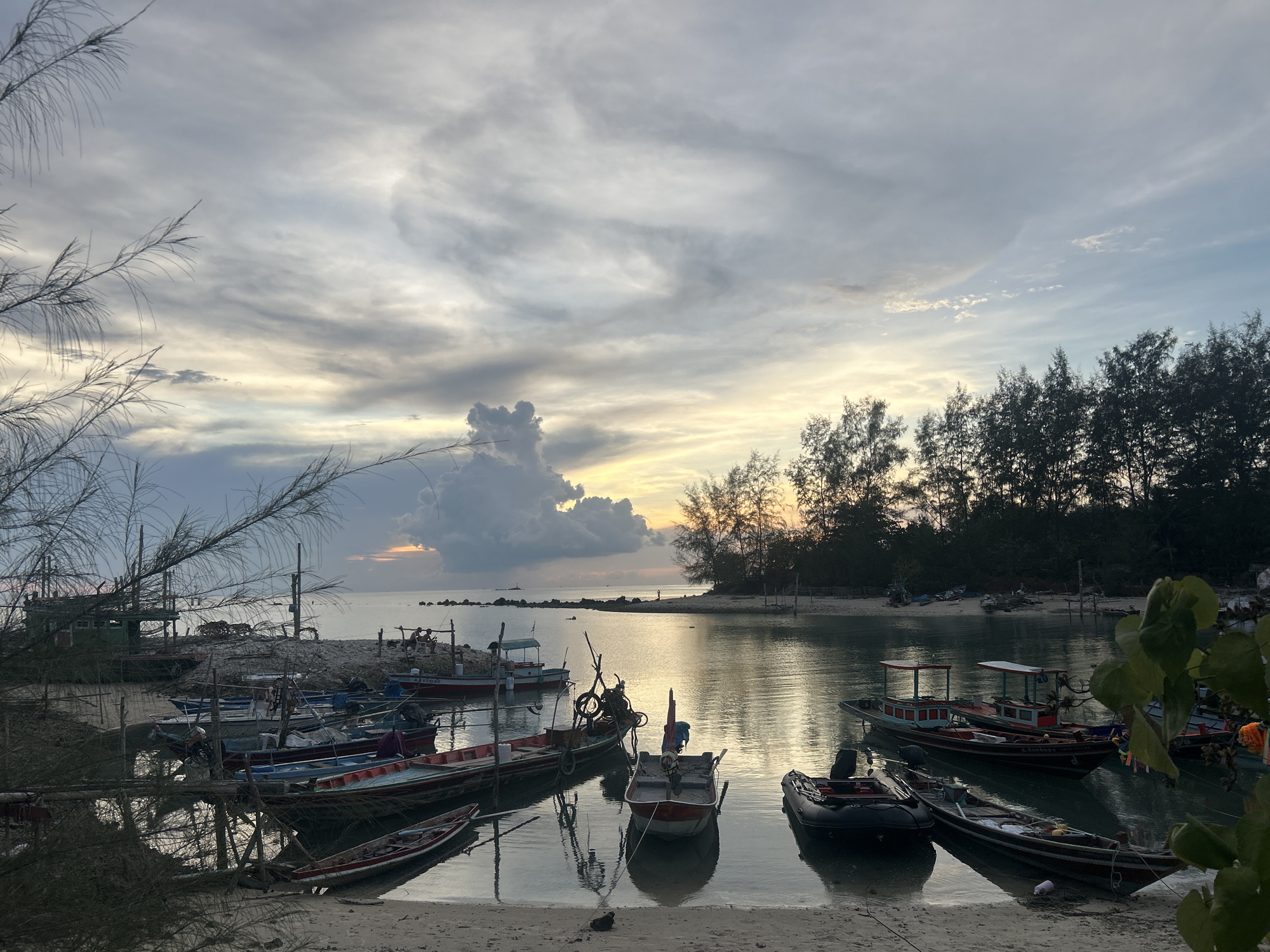 The image depicts a coastal scene with numerous boats anchored in calm, shallow water. It is Baan Sri Thanu, Thailand. The sky is overcast with a mix of grey and yellow clouds. Silhouetted trees line the right side of the image, bordering the water. Vegetation is present in the foreground, slightly obscuring the view on the left and right sides. The boats vary in size and type, and most appear to be small fishing vessels. They are clustered near the sandy shoreline. Reflections of the boats and sky are visible in the water. The overall scene suggests a tranquil harbor at either sunrise or sunset.