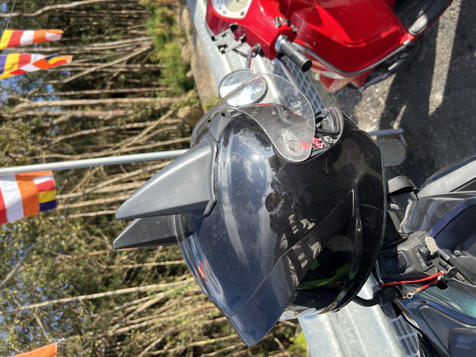 A black full-face motorcycle helmet, fitted with two pointed black ear-like attachments on its crown, is resting on the handlebars of a dark, metallic-hued scooter. The helmet's clear visor is partially raised. A red braided cord with a small charm hangs from the scooter's left handlebar. To the right, the front section of a red scooter, including handlebars and a rearview mirror, is visible. The background consists of a dense stand of slender tree trunks with sparse foliage under a bright sky. Multiple horizontally striped Buddhist flags, exhibiting white, orange, red, blue, and yellow colors, are affixed to a pole and flutter above the trees. A silver-colored metal guardrail is visible in the lower left foreground. Reflections on the helmet's surface and visor indicate direct sunlight and capture a blurred human figure. The scene is situated outdoors, along a road adjacent to a wooded area, likely a scenic route or rest stop in Unknown, Vietnam.