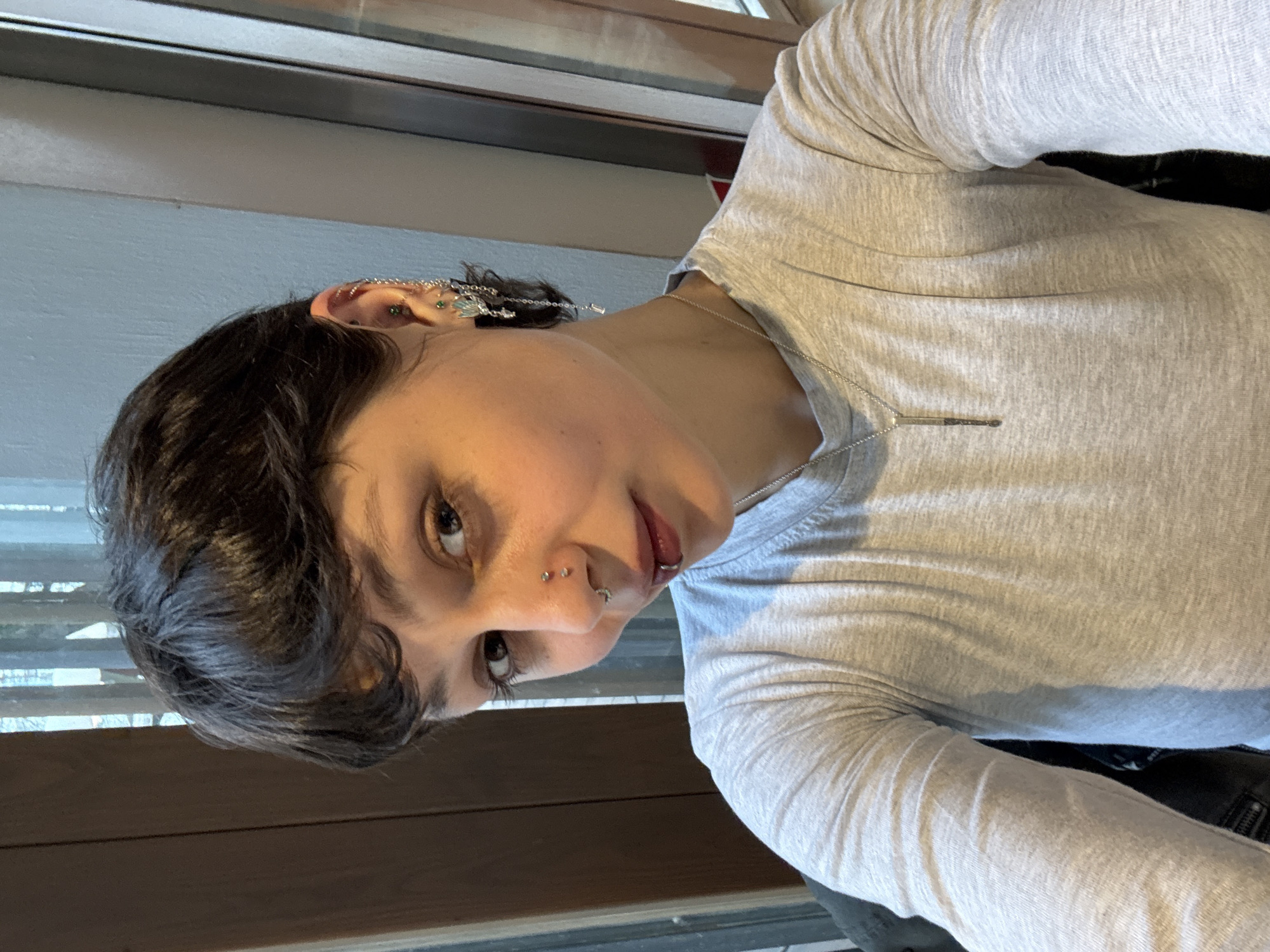 A medium-shot photograph shows a young person with short, dark brown hair, light skin, and multiple facial piercings, including piercings on the nose and lip. They are wearing a light gray, long-sleeved shirt. A silver necklace is visible. The person is positioned in front of a window with horizontal blinds, suggesting an indoor setting. The background outside the window appears to be a blurred urban landscape, possibly a street scene. Given the requested location, the general urban features are consistent with potential locations in Moscow, Russia, but there are no specific identifiers confirming this.