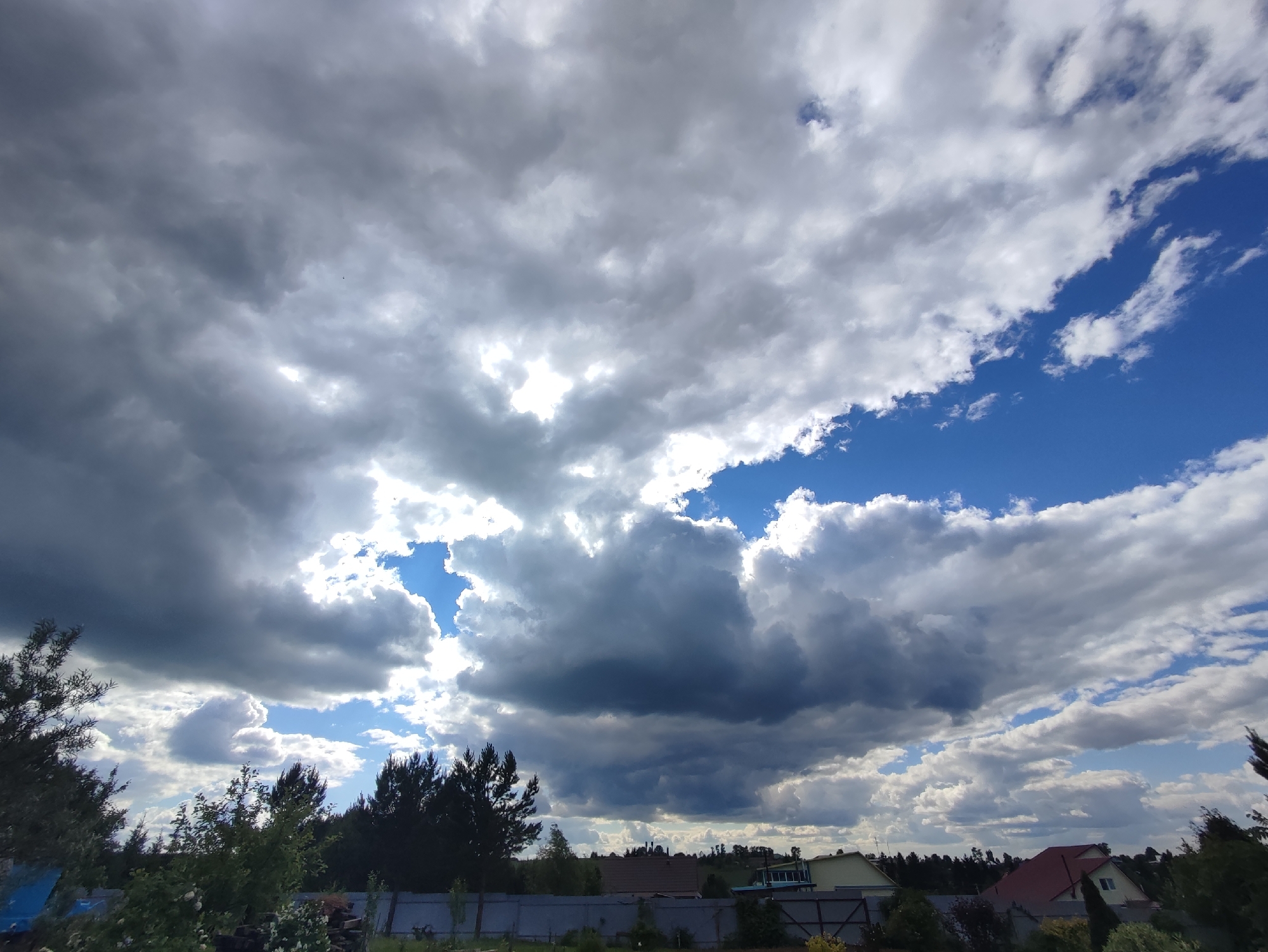 The image captures a cloudy sky over a suburban or rural area, likely in or near the city of Fokino, Russia. Dark, heavy storm clouds dominate the upper portion of the frame, interspersed with patches of bright blue sky and smaller, wispy white clouds. Sunlight breaks through in several areas, illuminating parts of the cloud cover.
Below the sky, a dense line of dark green coniferous trees forms a treeline. In front of the trees, a low fence, possibly made of metal or wood, runs horizontally across the lower part of the image. Beyond the fence, several buildings are visible, including houses with red and yellow roofs. Some of the houses appear to be single-story residences. The foreground is mostly obscured by foliage, including trees and bushes, with some branches extending into the lower left corner. The overall impression is of an overcast day with impending or recently passed rain, set in a semi-developed area.