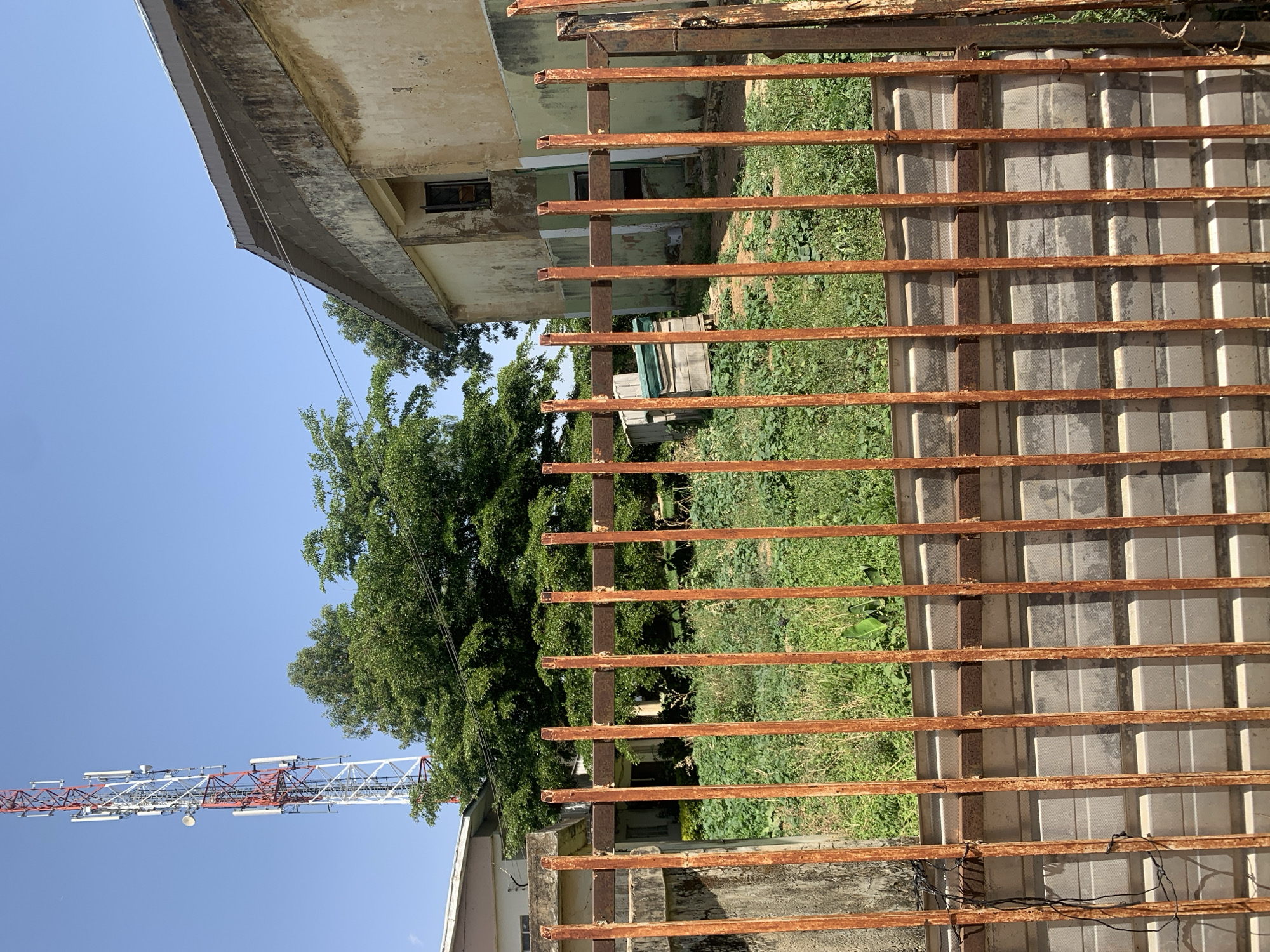 The image shows a rusted metal fence in the foreground, behind which lies a patch of overgrown vegetation. A building with a faded, weathered facade is visible behind the greenery. In the distance, a telecommunications tower stands against a clear blue sky. The location is Rafin Par, Nigeria.