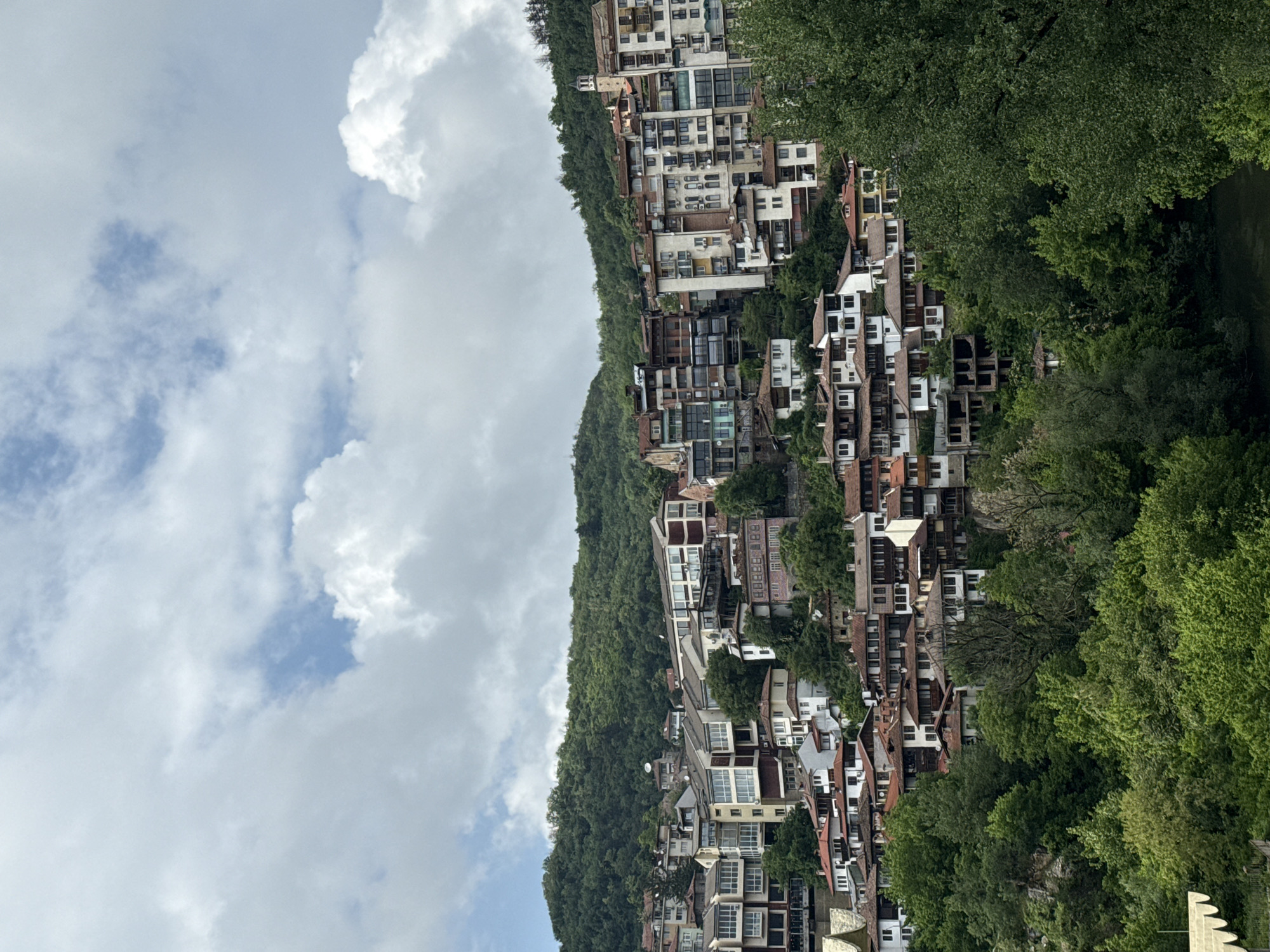 The image shows a hillside in Veliko Tarnovo, Bulgaria, densely populated with houses and buildings. The structures are interspersed with lush greenery, including trees and other vegetation. A cloudy sky with patches of blue is visible above. The buildings vary in style and architecture, creating a unique urban landscape. The photo appears to have been taken from a lower vantage point looking up at the hillside.