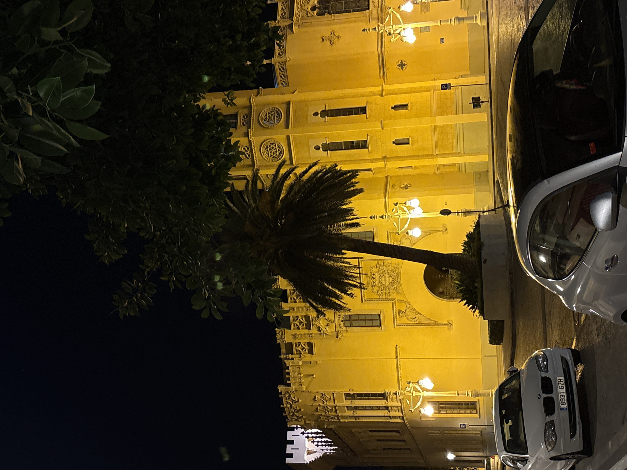 The image captures a nighttime street scene in Valencia, Spain, featuring a striking yellow building adorned with intricate architectural details and illuminated by warm streetlights. A mature palm tree stands prominently in front of the building, its fronds silhouetted against the night sky. Two white cars are parked on the street in the foreground; one, a BMW, displays the license plate "8931 GZH." The scene is bathed in the glow of street lamps, creating a dramatic and atmospheric effect. The building appears to be a historical or cultural landmark, possibly a government building or a museum, given its ornate facade and imposing presence. The overall impression is one of a well-preserved and beautifully lit urban environment.