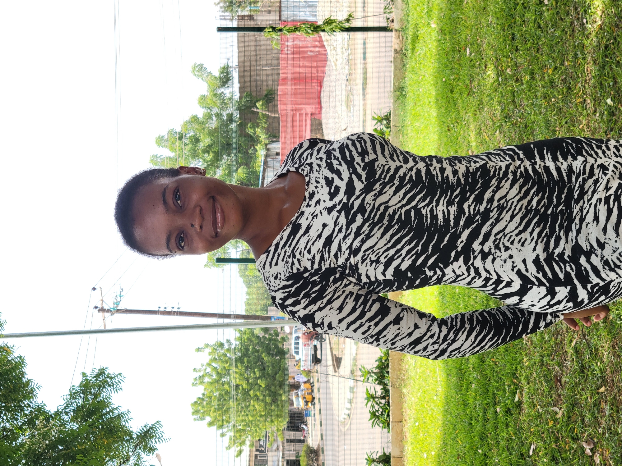 A woman stands on a grassy area in Bauchi, Nigeria. She is wearing a black and white patterned dress. Behind her is a fence, a building with a red section, trees, and utility poles. The background shows a street with vehicles and buildings, suggesting an urban setting. The scene is outdoors in daylight.