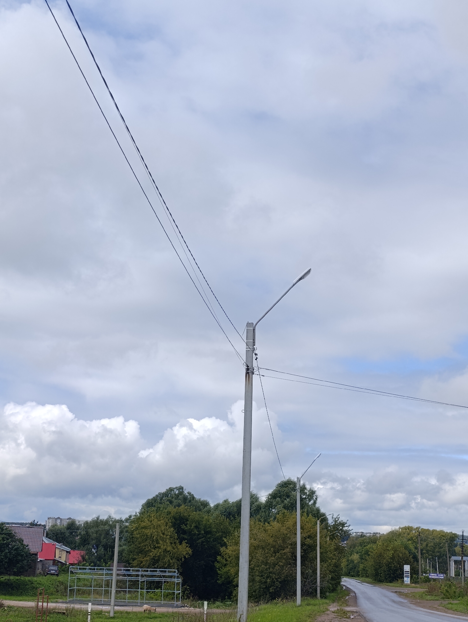 The image depicts an outdoor scene with a slightly overcast sky. In the foreground, two parallel power lines stretch diagonally across the frame from the upper left towards the right. A gray utility pole with a streetlamp is positioned to the right of center, with another similar pole visible further down the road on the right. The background features lush green trees, a few residential buildings with red and yellow roofs on the left, and a paved road that curves into the distance. There is a metal frame structure in the middle ground and what appears to be a small animal, possibly a sheep, grazing on the grass near the road. The overall impression is a rural or suburban setting.