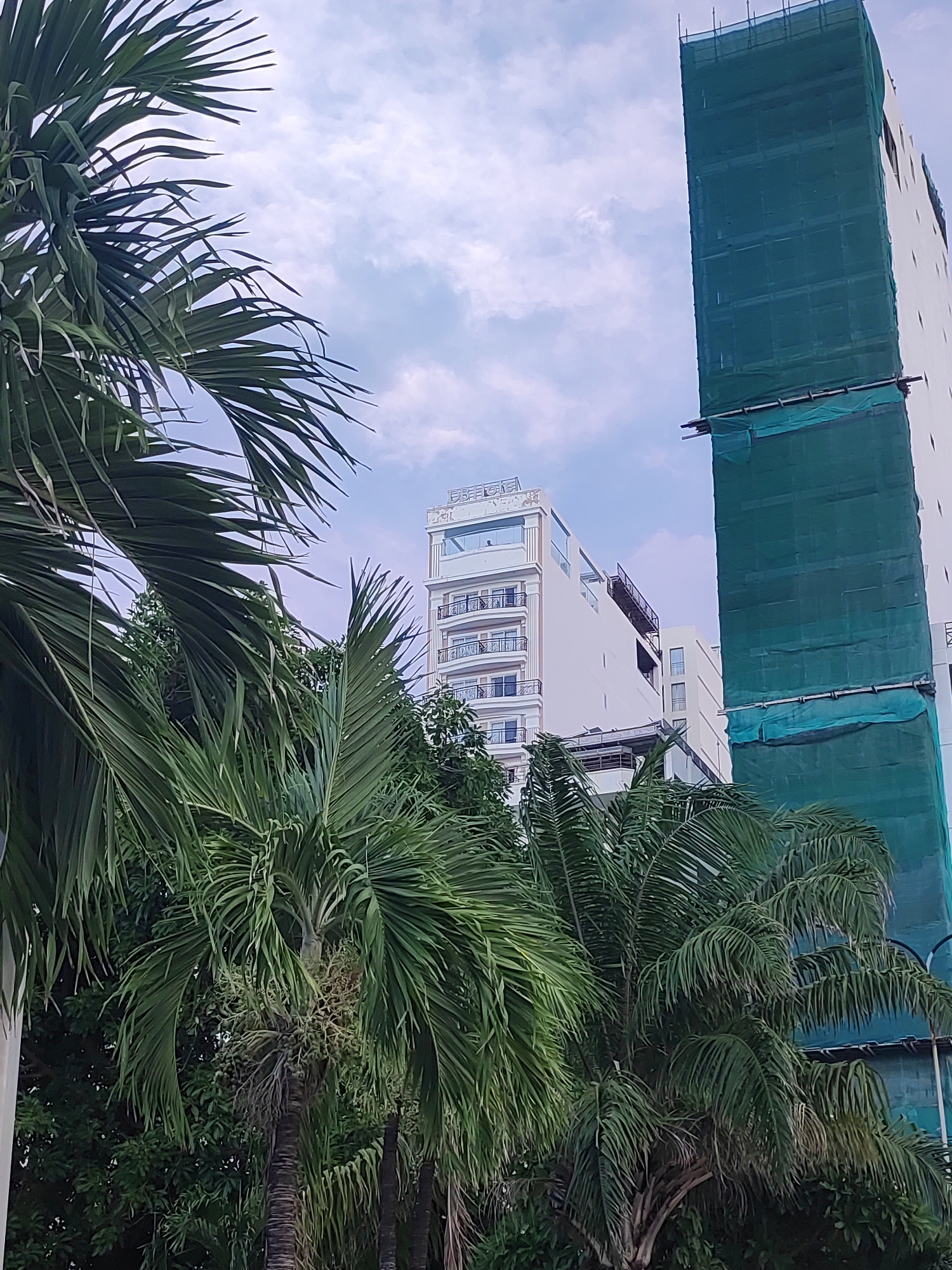 The image shows a view from below, looking up at buildings and palm trees against a cloudy sky. In the foreground, lush green palm fronds dominate the left and lower portions of the frame. Behind the palm trees, two tall buildings are visible. The building on the left is a light-colored, multi-story structure with balconies and windows. The building on the right is much taller and is covered in a green mesh or tarp, suggesting it is under construction or renovation. The sky is a pale blue with scattered white clouds. The scene appears to be in a tropical or subtropical urban environment, consistent with Nha Trang Ward, Vietnam, given the presence of palm trees and the style of architecture. There are no people visible in the image.