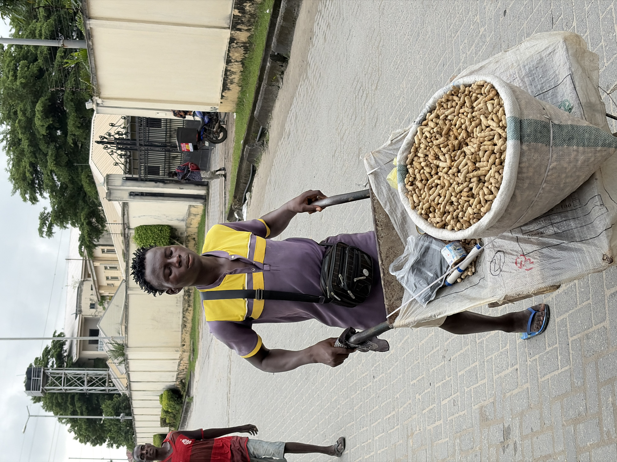 In Igboefon, Nigeria, a young man with short, dark hair and closed eyes, wearing a purple and yellow collared shirt and a black fanny pack, pushes a wheelbarrow filled with peanuts along a paved street. He is barefoot, wearing blue flip-flops on his left foot. Another person in a red and black striped t-shirt and light-colored shorts walks behind him. The street is lined with a beige wall and lush green trees. In the background, a large metal tower and residential buildings are visible. A motorcycle is parked near a gated entrance. The sky is overcast.