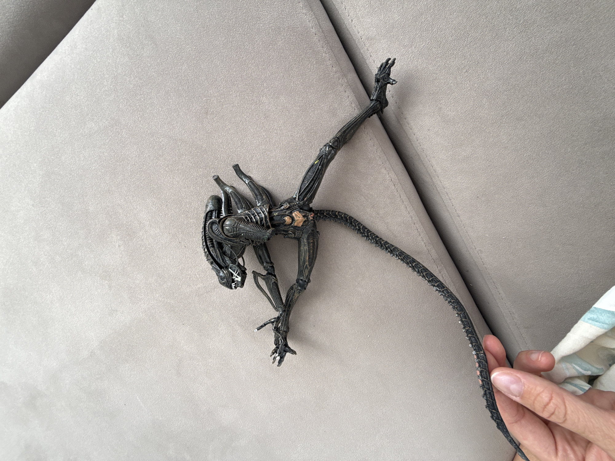 The image shows a close-up, top-down view of a black alien figurine with a long, segmented tail. The figurine is lying on a textured, light-colored fabric surface, which appears to be upholstery on a couch or chair. The alien's limbs are positioned in a dynamic pose, with one arm extended upwards and to the right, and the other bent at the elbow, pointing downwards. Its tail is curled and extends diagonally across the frame, with a hand gently holding the end of it from the lower right corner. The hand has a manicured fingernail. The lighting suggests an indoor setting, possibly daytime due to the even illumination. There are no visible text elements in the image. The scene is likely set in a home environment in Нижнеяркеево, Russia.
