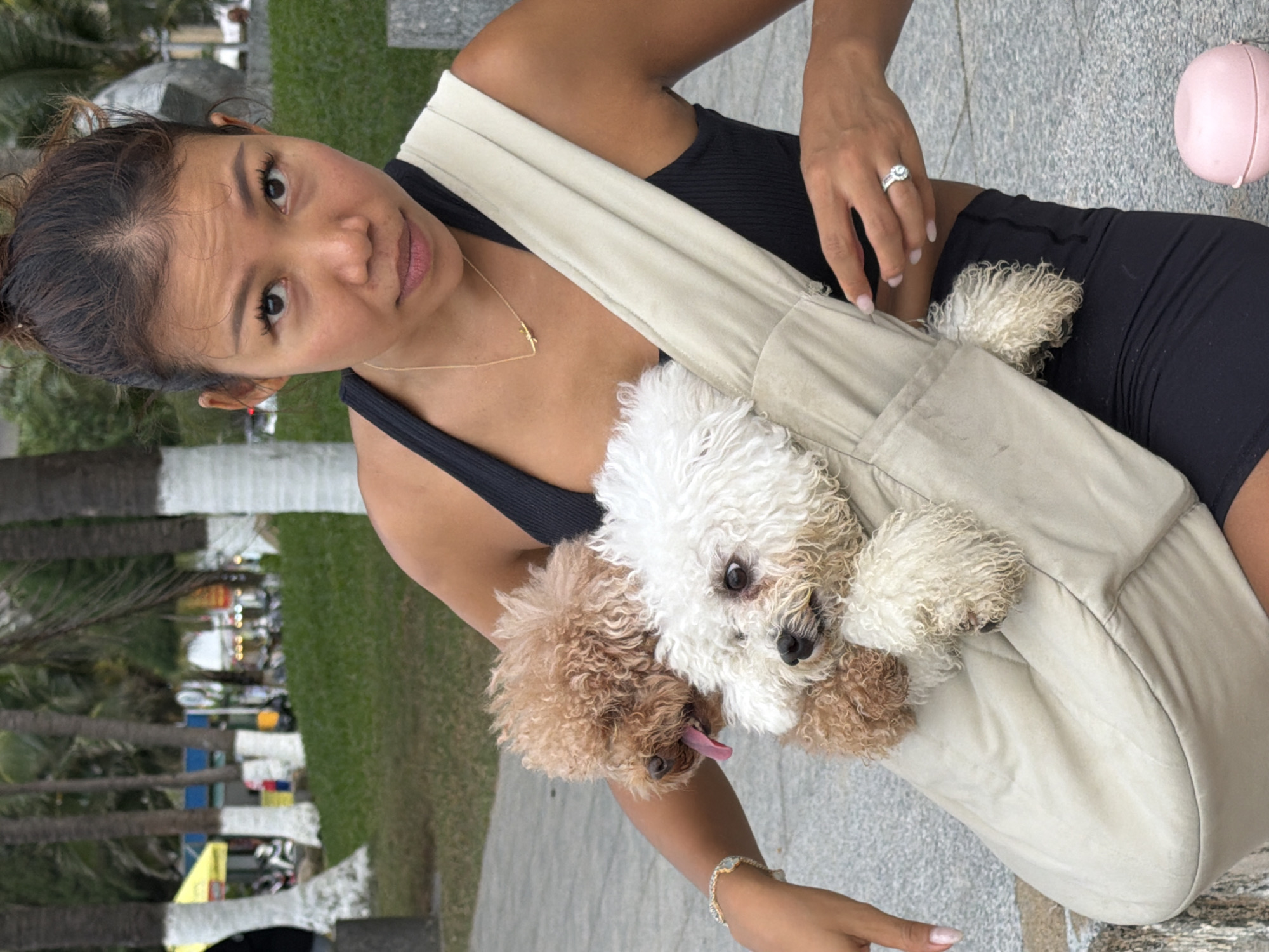 In Nha Trang, Vietnam, a woman of Asian descent with her hair in a bun and wearing a black tank top and black shorts is holding two small dogs in a light-colored sling bag. One dog is a light brown poodle, and the other is a white poodle. The woman is looking at the camera with a neutral expression. The background shows a park-like setting with palm trees and a paved walkway. The image captures a candid moment of the woman with her pets in an outdoor urban environment.