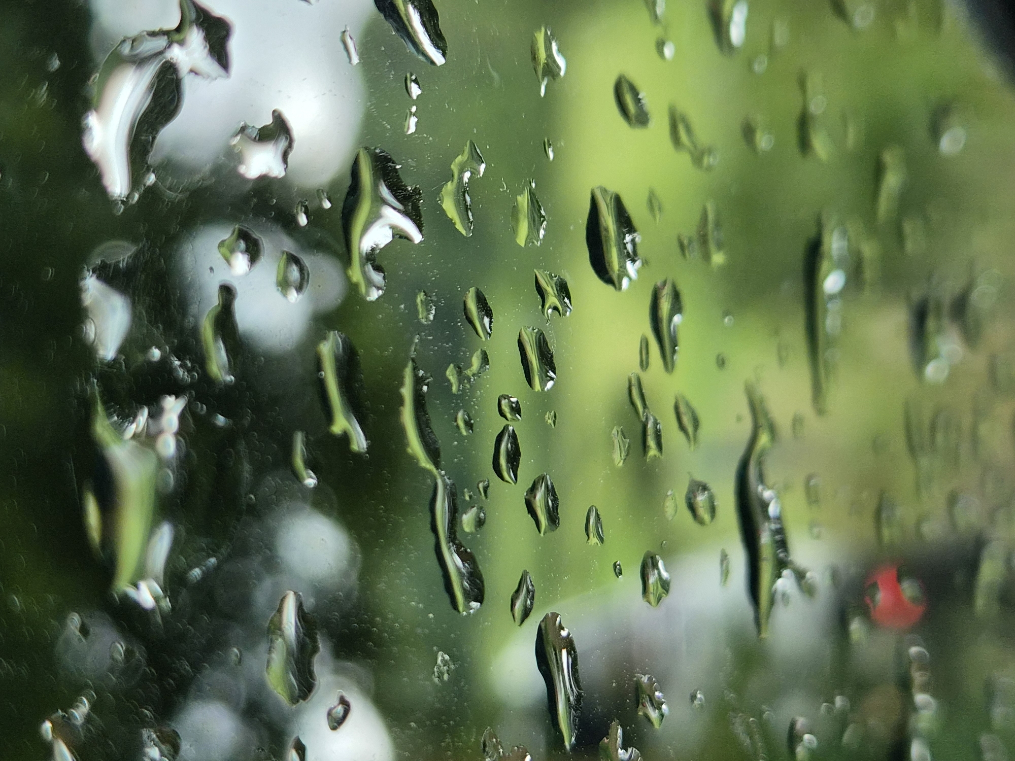 The image displays a close-up, macro-level perspective through a transparent surface, presumably glass, covered with numerous water droplets in various sizes and irregular, fluid shapes. The droplets are in sharp focus, revealing internal reflections and refractions of ambient light. The background is intentionally blurred into a soft bokeh, consisting predominantly of rich green tones, indicative of out-of-focus foliage or dense vegetation, located allegedly in Differdange, Luxembourg. Multiple indistinct, bright, circular to oval light blurs are visible against the green background, suggesting distant light sources or illuminated areas. In the lower-left quadrant of the full image, a single, prominent, amorphous red blur is present, consistent with a distant vehicle taillight or a similarly colored reflective object. No identifiable human subjects, animals, or specific architectural landmarks are discernible. The scene captures a static environmental detail, suggesting a view from an interior or sheltered position during or immediately after a period of precipitation.