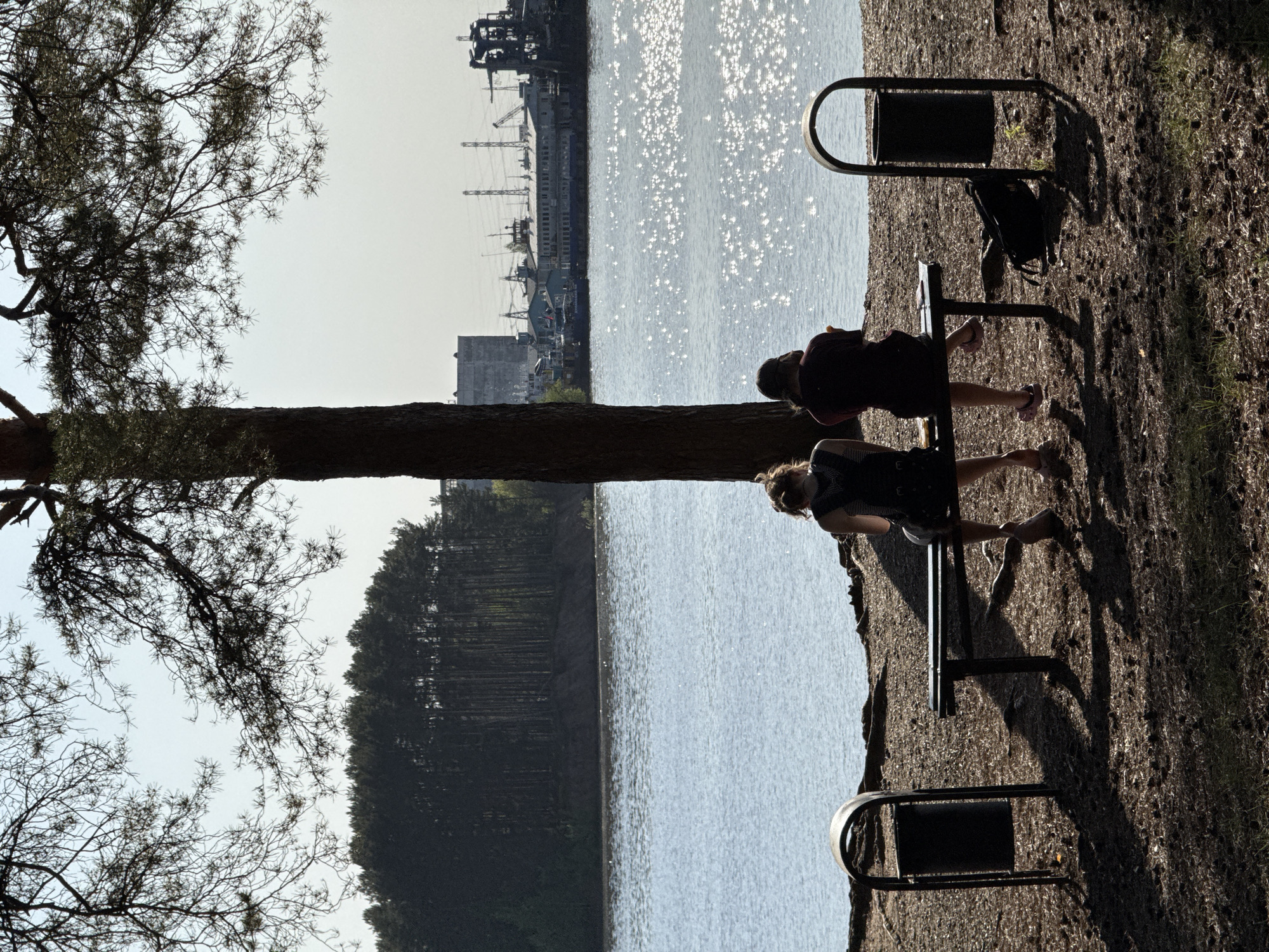 The image shows a horizontal view of the city of Chaikovsky, Russia, featuring a riverbank scene. Two individuals are seated on a park bench, their legs extended. Adjacent to the bench is a black trash receptacle. A body of water glistens in the background, reflecting sunlight. Beyond the water, industrial structures and buildings are visible. A dense forest line is present on the opposite shore. A tree branch with needles extends into the upper left of the frame. The ground near the bench is covered in dirt and organic material.