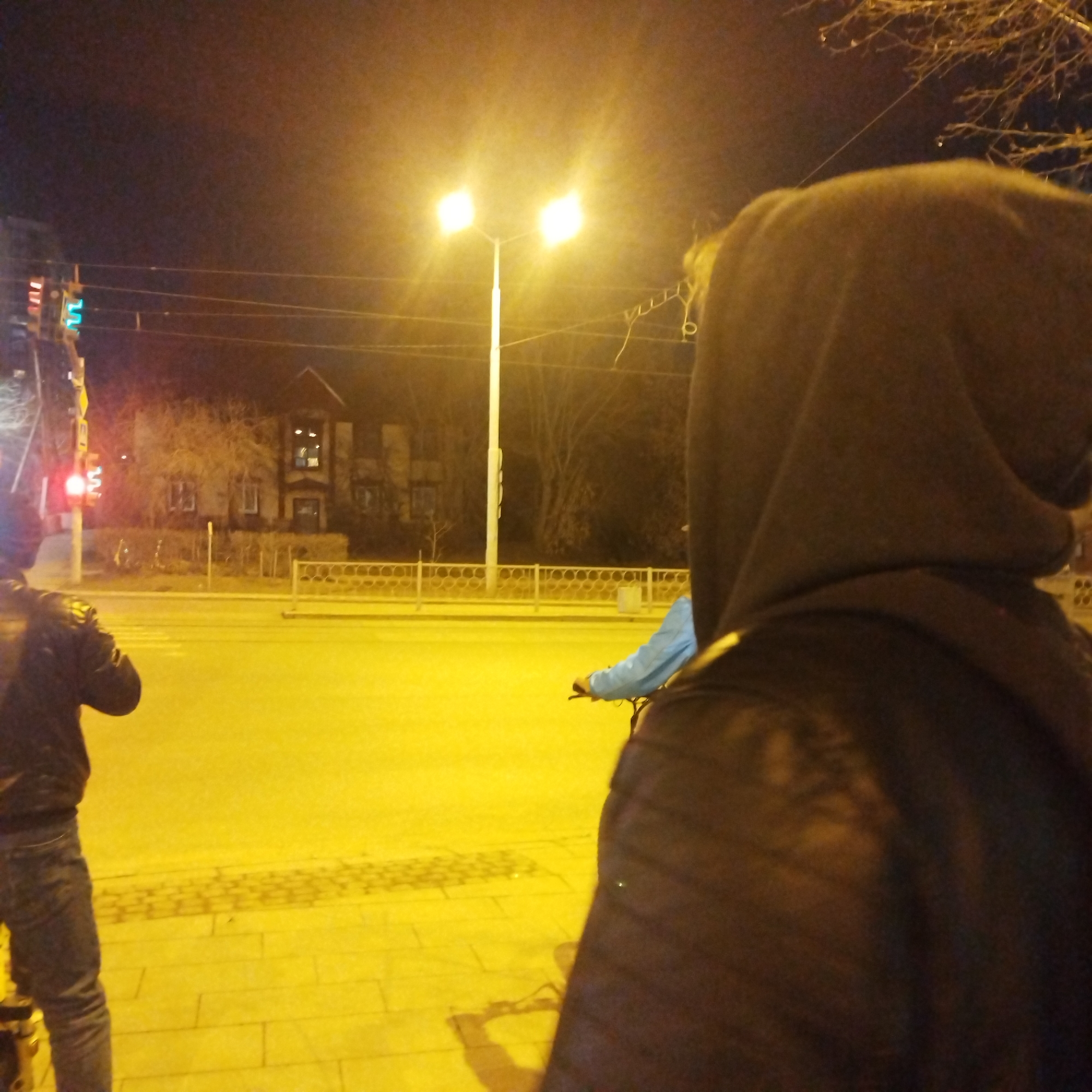 The image appears to be taken at night on a street in Yekaterinburg, Russia, near a traffic light. The street is brightly lit by overhead streetlights. There are at least three people present. One person is on the left, wearing a black leather jacket and jeans, standing on the sidewalk next to the street. Another person is on a bicycle, wearing a blue jacket, cycling in the street. In the foreground, a third person is wearing a dark jacket and hoodie, facing away from the camera. The traffic light on the left is showing a red light to the near lane and a green light to the opposing lane. Behind the fence is a building with lighted windows. The trees are bare, and the sky is dark. The photograph is taken from the sidewalk. The surface underfoot is composed of paving stones.