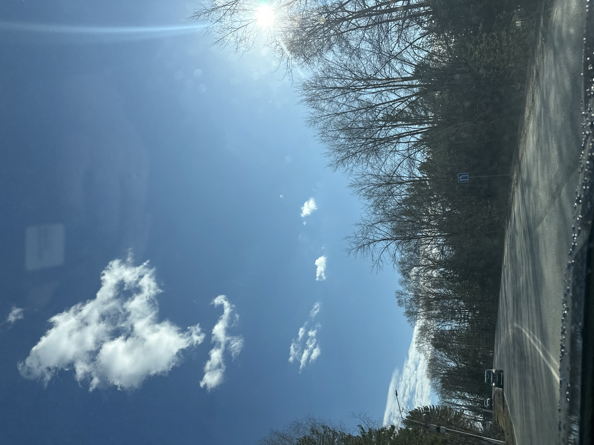 The image captures a road scene under a bright, sunny sky in what appears to be Chaikovsky, Russia, judging from the roadside signage. The view is likely taken from within a vehicle, as indicated by the blurred edge and possibly reflections on the right side. The road, asphalt, stretches along the right side of the frame, bordered by bare trees. Patches of clouds are visible in the clear blue sky. The sun, high in the sky, produces a strong glare, casting shadows on the trees. The overall impression is one of a bright day on a road trip.