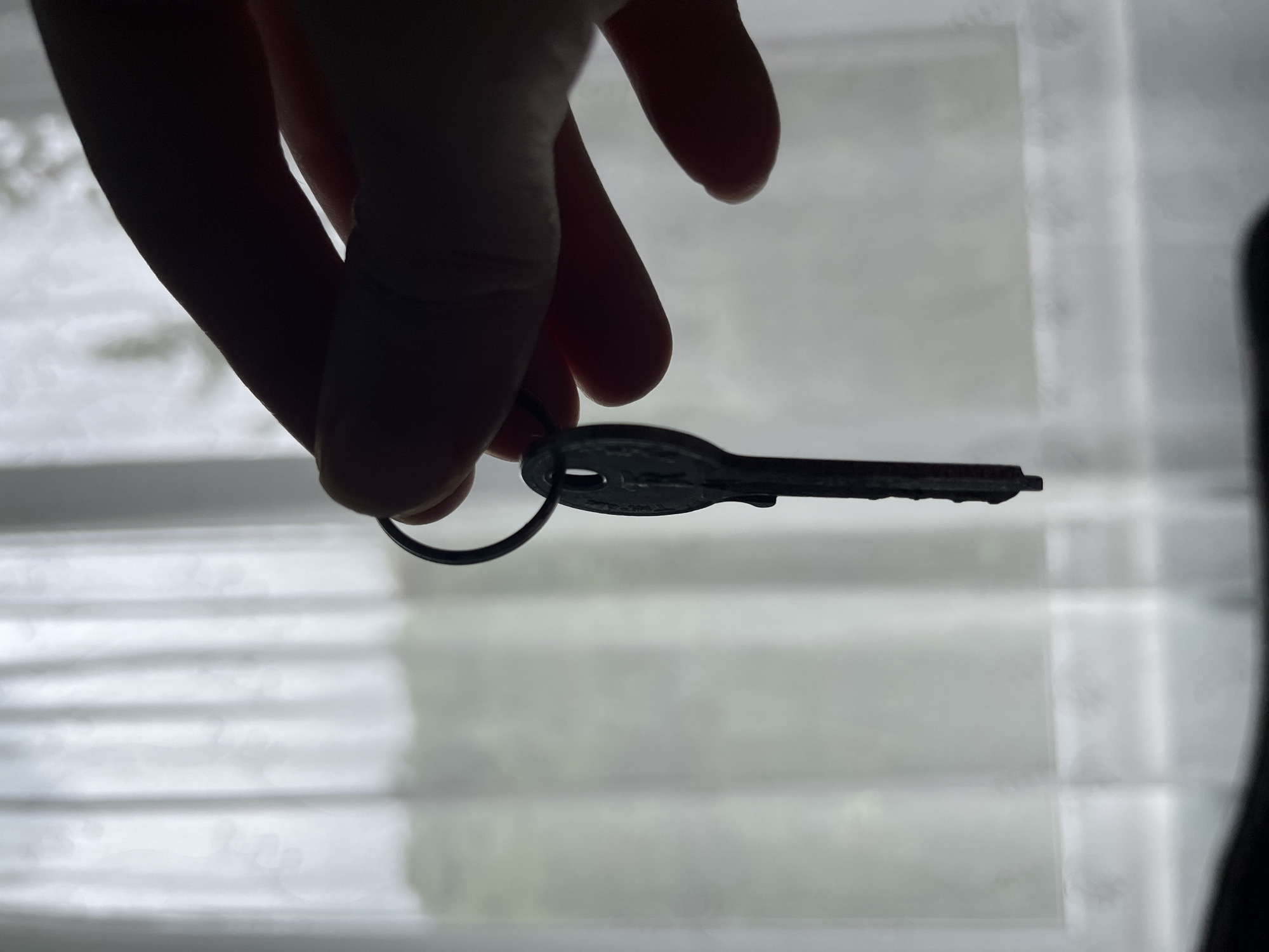 A person's hand, silhouetted against a sheer white curtain, holds a single, metallic key on a circular keyring. The key is elongated and appears to have a notched edge. The background is blurred, suggesting a window or doorway, with faint outlines of greenery visible beyond the curtain. The image captures a moment of holding or presenting a key, with the specific location being within the ღრმაღელის თემი in Georgia.