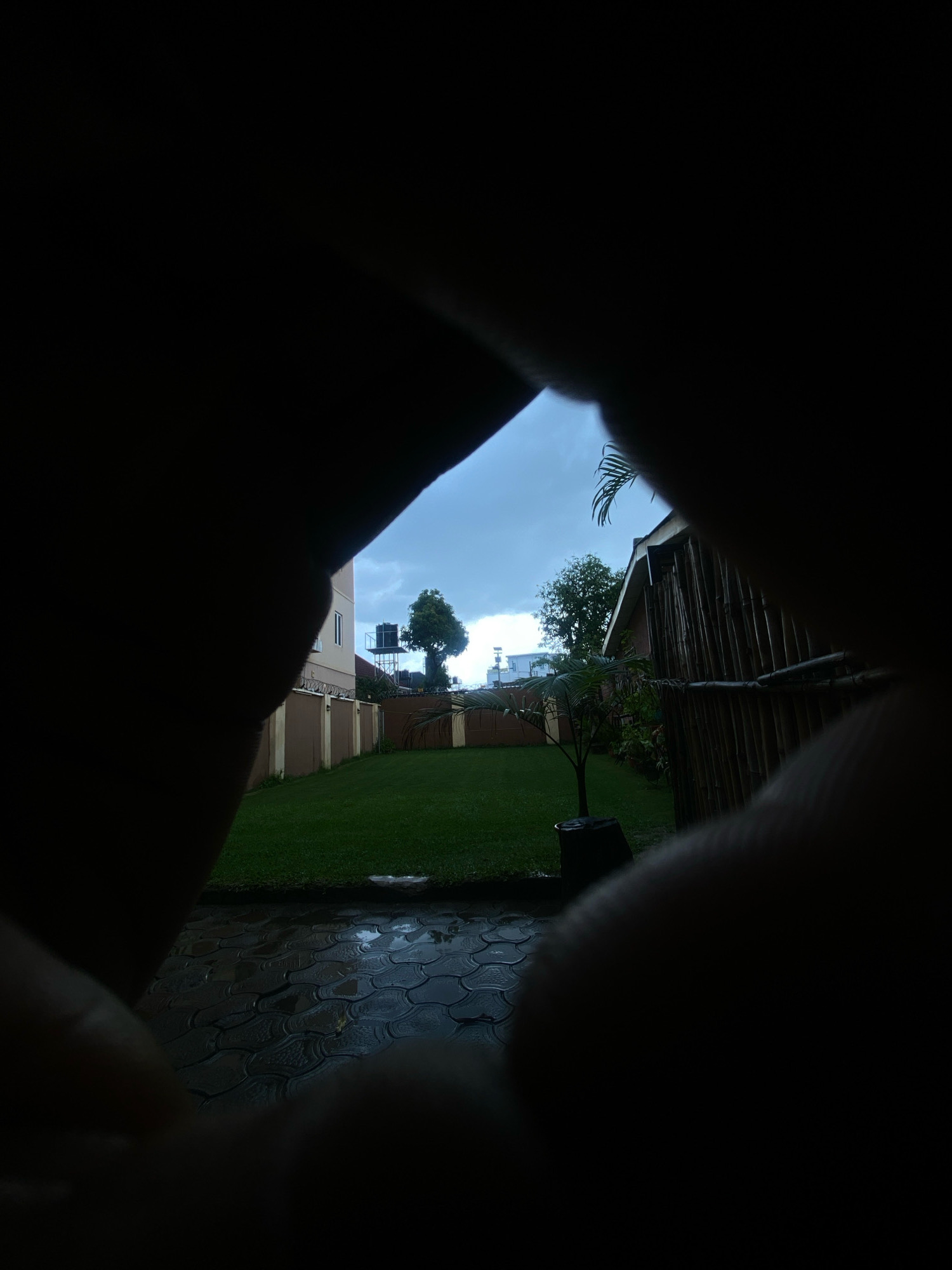 The image captures a view of a backyard in Barden Yana, Nigeria, as seen through a narrow opening framed by dark, out-of-focus shapes, possibly fingers. The foreground is dominated by these shadowy forms, obscuring parts of the scene. Beyond this framing, a neatly mowed green lawn extends towards a paved patio area. The patio stones are wet and reflective, suggesting recent rain. A light brown fence with barbed wire topping runs along the perimeter of the lawn. In the background, a multi-story building with a water tank on its roof is visible to the left. To the right of the building, a lone tree stands tall. Further to the right, a structure with a thatched or bamboo-like roof is present. The sky is overcast with a pale blue hue.