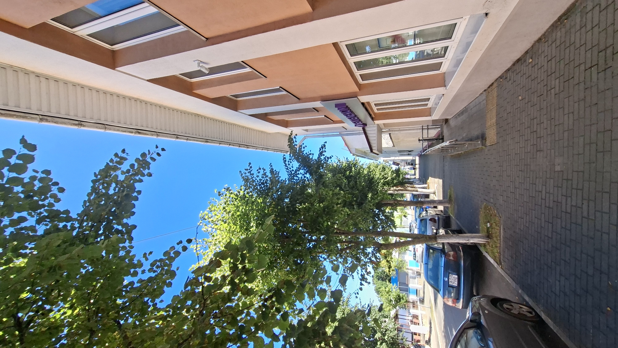The image shows a street scene in Myadzyel, Belarus. On the right is a two-story building with a light brown facade and white trim. The building has multiple windows, some of which are large and reflect the blue sky. A purple sign with white text is visible on the building. On the left side of the street, there is a sidewalk paved with dark gray rectangular bricks. A line of trees with green leaves runs along the sidewalk, casting shadows. Several cars are parked along the street. The sky is a clear, bright blue. The scene appears to be an ordinary day with no unusual activity.