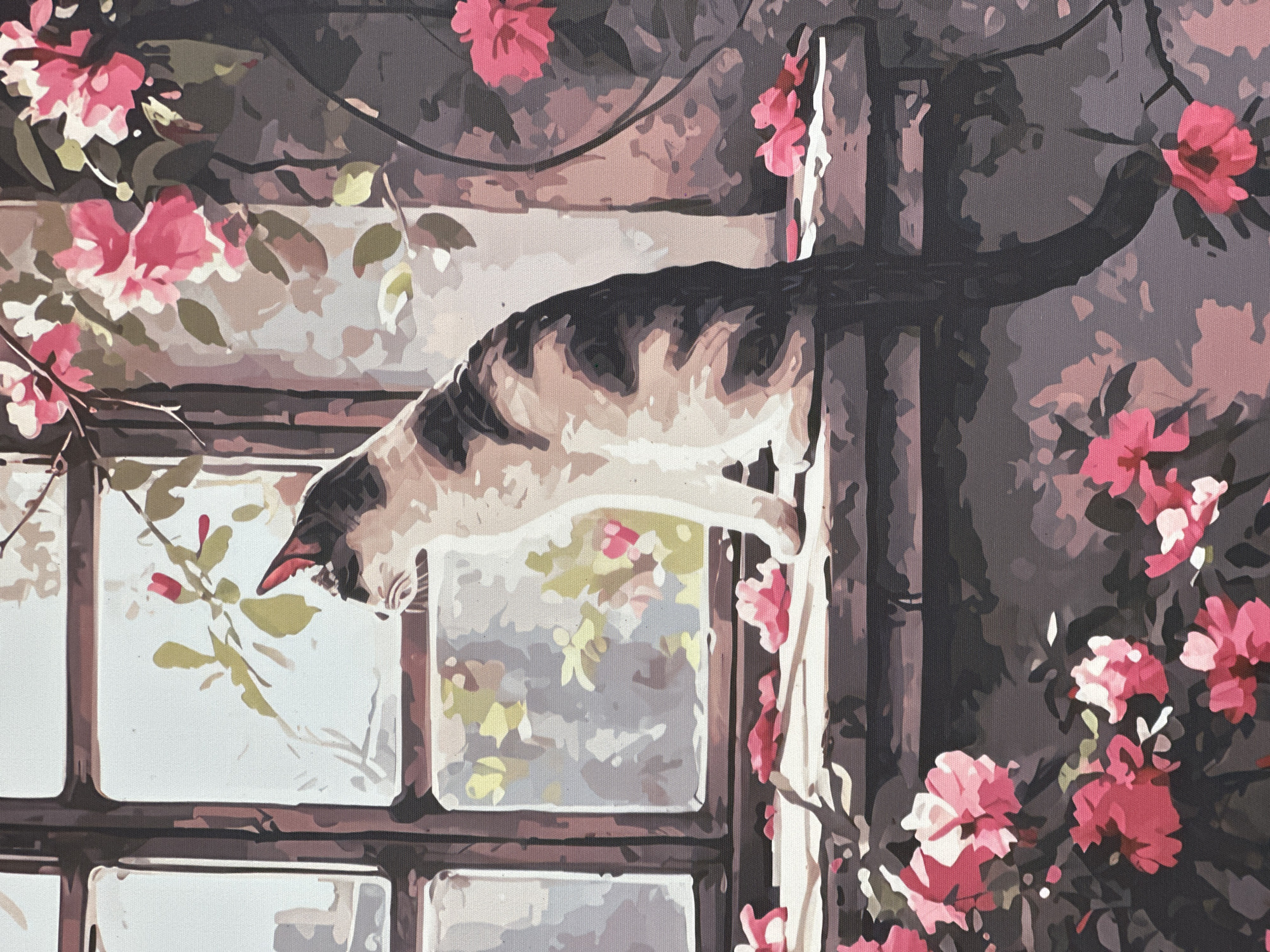 The image is a painting, likely a paint-by-numbers artwork, depicting a cat sitting on a windowsill looking out. The cat is a tabby with patches of black, grey, and white. It is positioned on the left side of the frame, with its body facing right and its head turned to look out the window. The windowsill is lined with what appear to be fallen pink flowers.
Behind the cat is a multi-paned window with a wooden frame. Through the window, a blurry scene of greenery and more pink flowers is visible. The overall impression is one of a peaceful domestic scene.
The prompt requests a description of the scene in the city of Cam Ly - Đà Lạt, Vietnam. However, the image itself does not contain any elements that would specifically place it in Cam Ly - Đà Lạt, Vietnam. There are no identifiable landmarks, architectural styles, or cultural markers that are unique to that location. The scene is generic and could represent a windowsill in many different places. Therefore, without further information or visual cues, it is not possible to associate this image with Cam Ly - Đà Lạt, Vietnam.