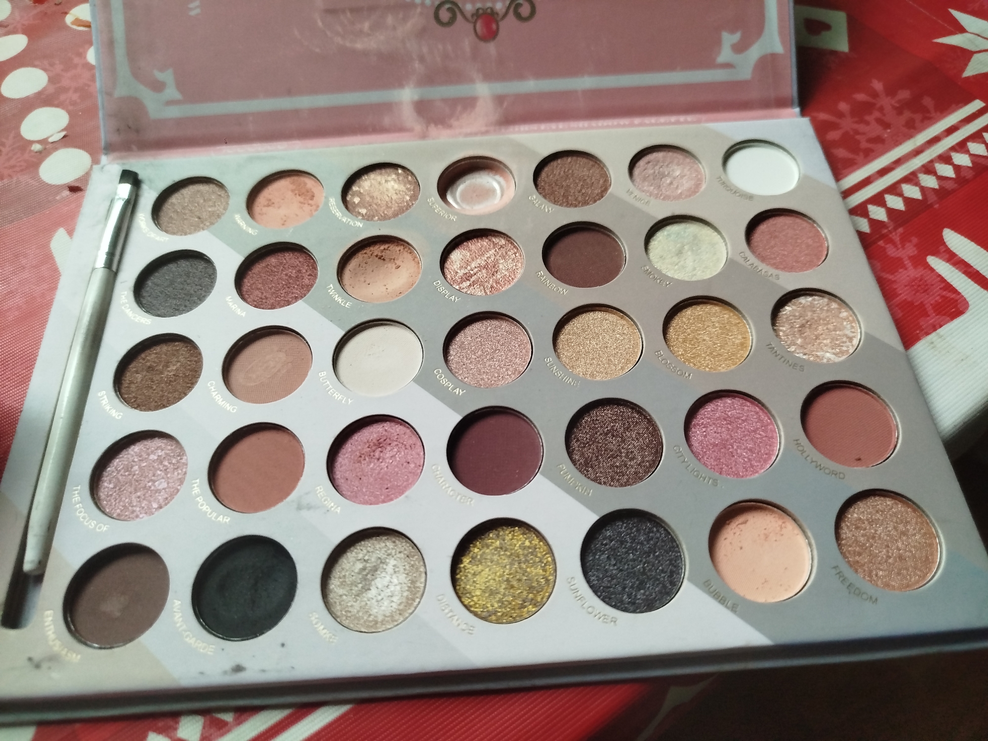 The image shows an open eyeshadow palette with multiple circular eyeshadow pans. A makeup brush with a silver handle and black bristles is lying to the left of the palette. The palette itself is white with pink accents on the lid. The eyeshadow pans are arranged in rows, and some of them have text labels. The palette is placed on a red and white patterned surface, possibly a tablecloth. The lighting suggests an indoor setting. There are no people or animals visible in the image. The context of Malooleksandrivka, Ukraine is not ascertainable from the visual information provided.