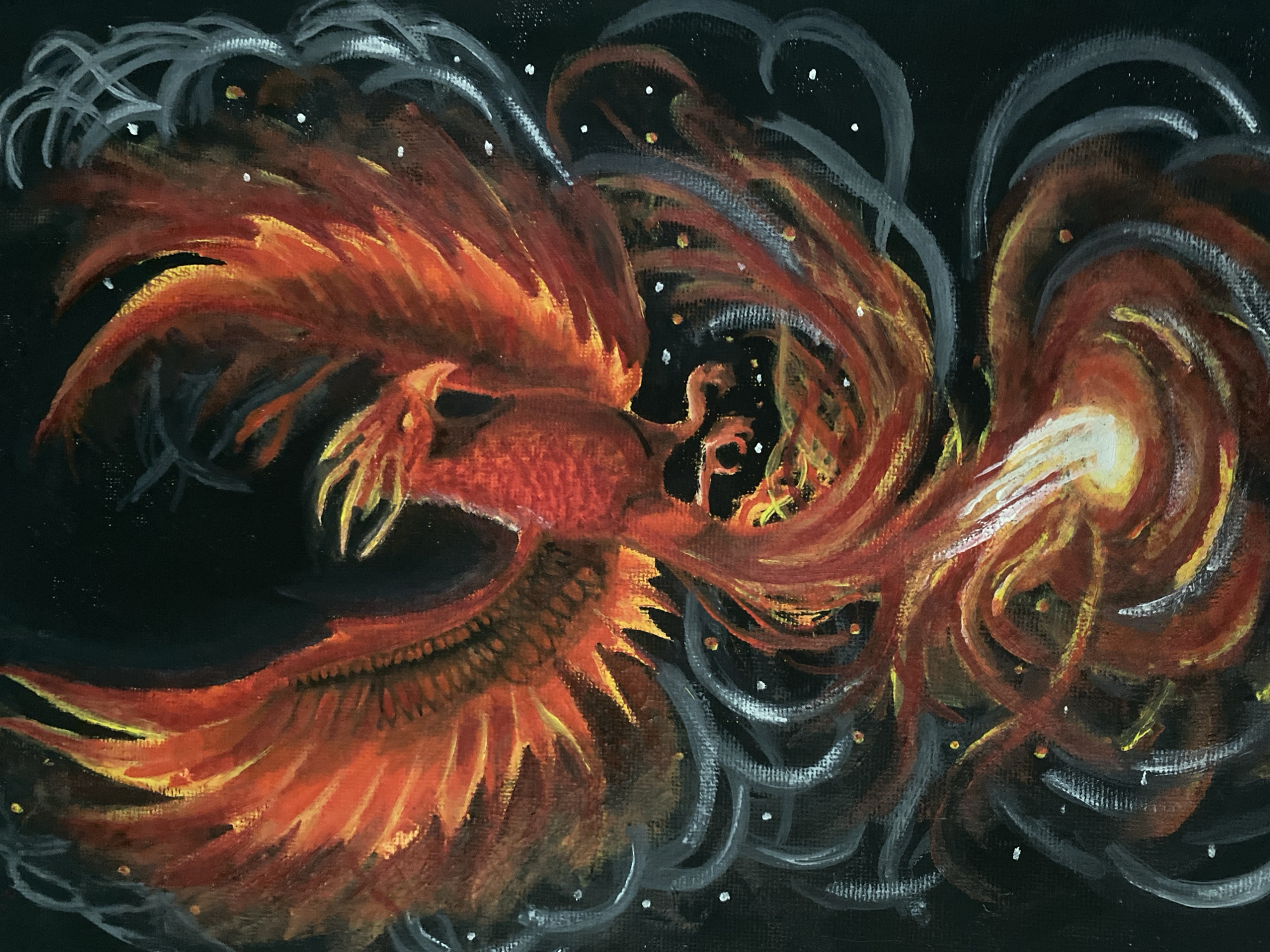 The image is an acrylic painting of a phoenix. The phoenix is depicted with vibrant orange and red plumage, seemingly engulfed in flames. Its wings are spread wide, with detailed feathering. The bird has sharp talons and a fierce expression. The background is black, with swirling grey and white brushstrokes resembling smoke or mist. Small white dots are scattered throughout the background, possibly representing stars or embers. The painting style is expressive and textured. The image does not contain enough information to determine its relation to Tinaquillo, Venezuela.