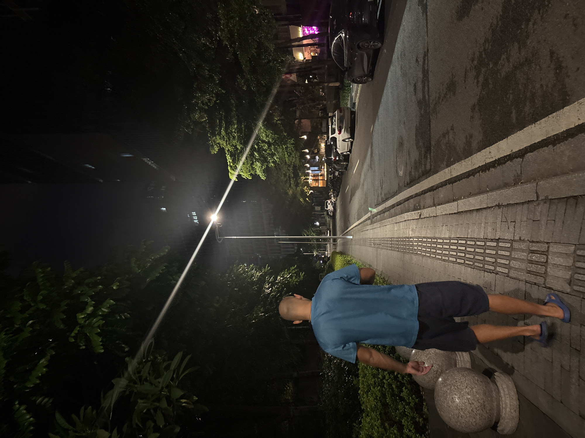 A man walks on a sidewalk at night in Haizhu District, China. He is viewed from behind, wearing a blue t-shirt and dark shorts. He has a shaved head and is wearing blue flip-flops. He is walking on a sidewalk paved with textured tiles, with green bushes on his left and large, spherical stone planters. A street lamp with a bright beam of light extends from the top left of the frame. The street runs alongside the sidewalk, lined with parked cars. Trees with green leaves are visible on the right side of the street, and a tall building is partially visible in the background. The street is illuminated by streetlights and the headlights of cars.