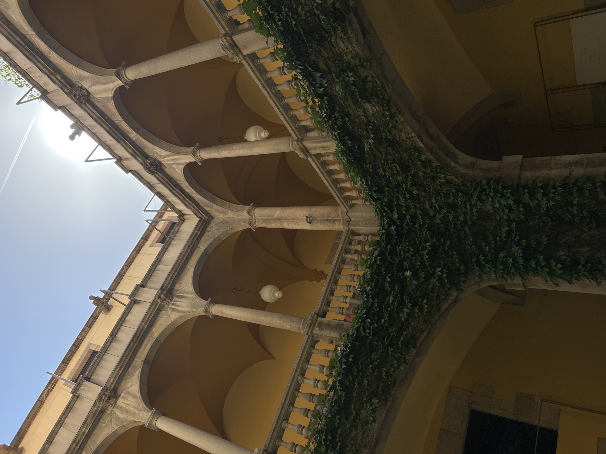 An upward-angled, dynamic view captures a multi-story building's interior courtyard, characterized by classical architecture. The scene is dominated by multiple tiers of stone arches and columns, forming an arcaded walkway or cloister. The undersides of the arches and the ceiling areas are painted in a warm, muted yellow or ochre hue, contrasting with the grey stone of the columns and balustrade.
On the right side of the image, a stone balustrade on an upper level is extensively covered with dense, vibrant green ivy, trailing downwards. Below the arches, several white, bell-shaped lamps hang, suspended by wires, though they are unlit, indicating daylight. On the upper left side, a stone gargoyle protrudes from a wall, and intricate carved details are visible on the spandrels of some arches. The building's exterior walls, visible on the higher levels, are a light yellow or cream color.
The top left portion of the image reveals a bright, clear blue sky, indicating a sunny day. A distinct white airplane contrail streaks across the sky, and intense direct sunlight creates a significant lens flare. The strong sunlight illuminates the sky and parts of the upper architecture, while the areas beneath the arches are deeply shadowed, creating a high-contrast visual. No people or specific events are depicted, and no visible text is present. The architectural style and warm tones are consistent with historic buildings found in cities like Barcelona, Spain.