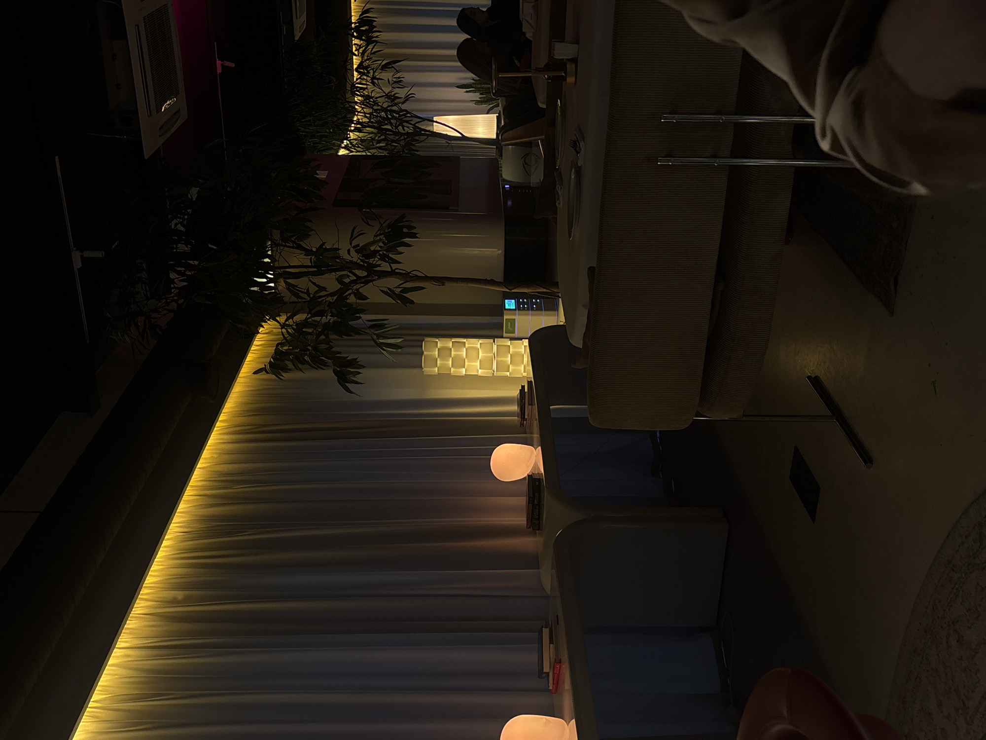The image shows a dimly lit interior of a dining establishment, potentially a restaurant or cafe, in Yerevan, Armenia. To the left, a simulated tree-like plant stands tall, adding a touch of nature to the indoor space. The wall behind it is draped with light-colored, textured fabric illuminated by a linear yellow light source, which creates a warm glow. Tables are covered with light-colored tablecloths set with cutlery and plates. Seating consists of light-colored chairs, some illuminated by small, soft, spherical lights placed on shelves or tables. The background suggests the presence of other patrons, though their features are not clearly visible. The floor appears to be a light-colored surface.
