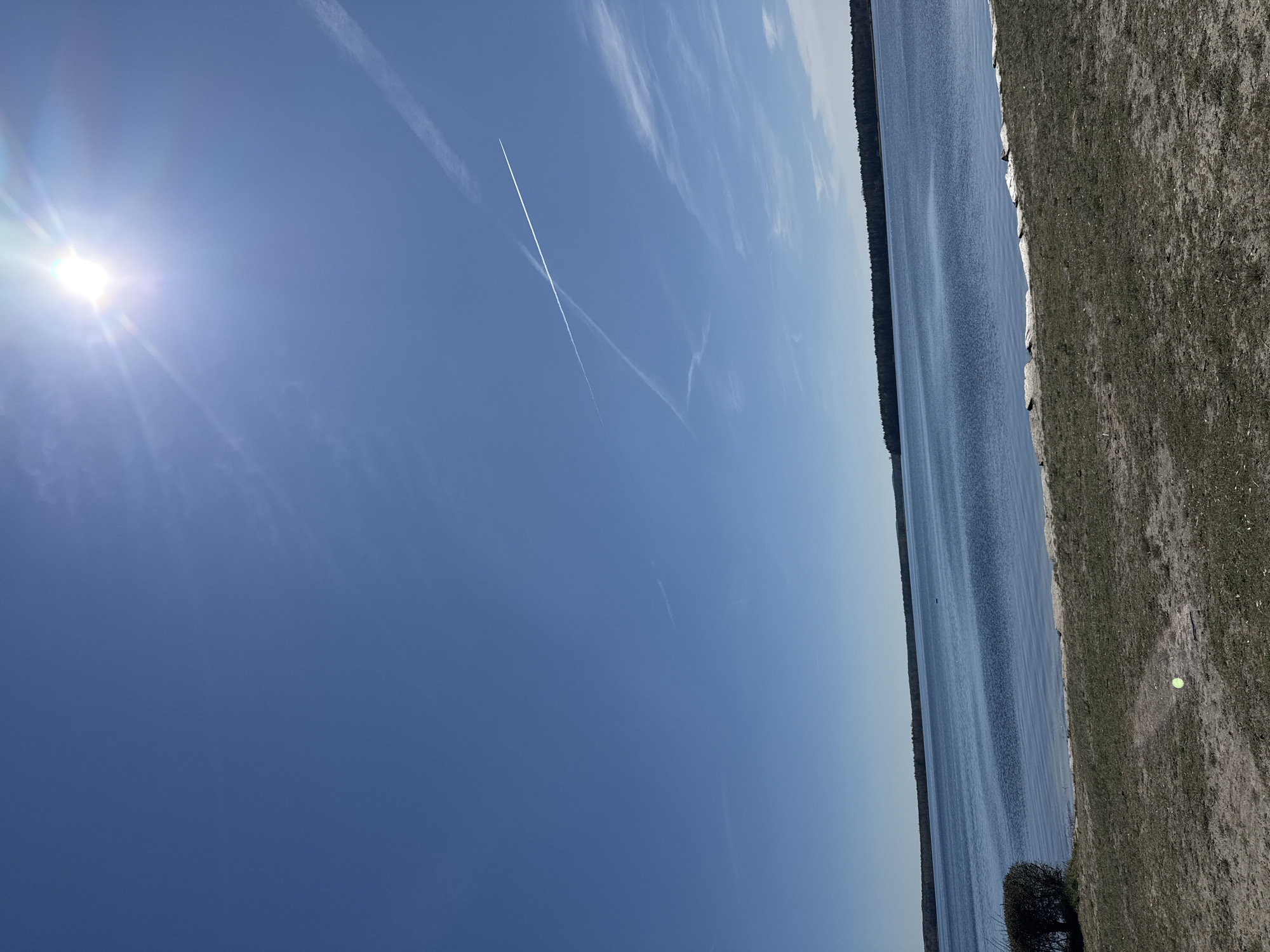 The image captures a daytime view of a body of water next to a grassy shore. The sky is predominantly blue with the sun visible in the upper left portion of the frame. Contrails from airplanes are visible in the sky. The body of water appears calm, with subtle ripples on the surface. A line of trees can be seen along the opposite shore. The grassy area on the right side of the frame is a mix of green and brown vegetation. The location is Senftenberg - Zły Komorow, Germany. There are no people visible in the image.