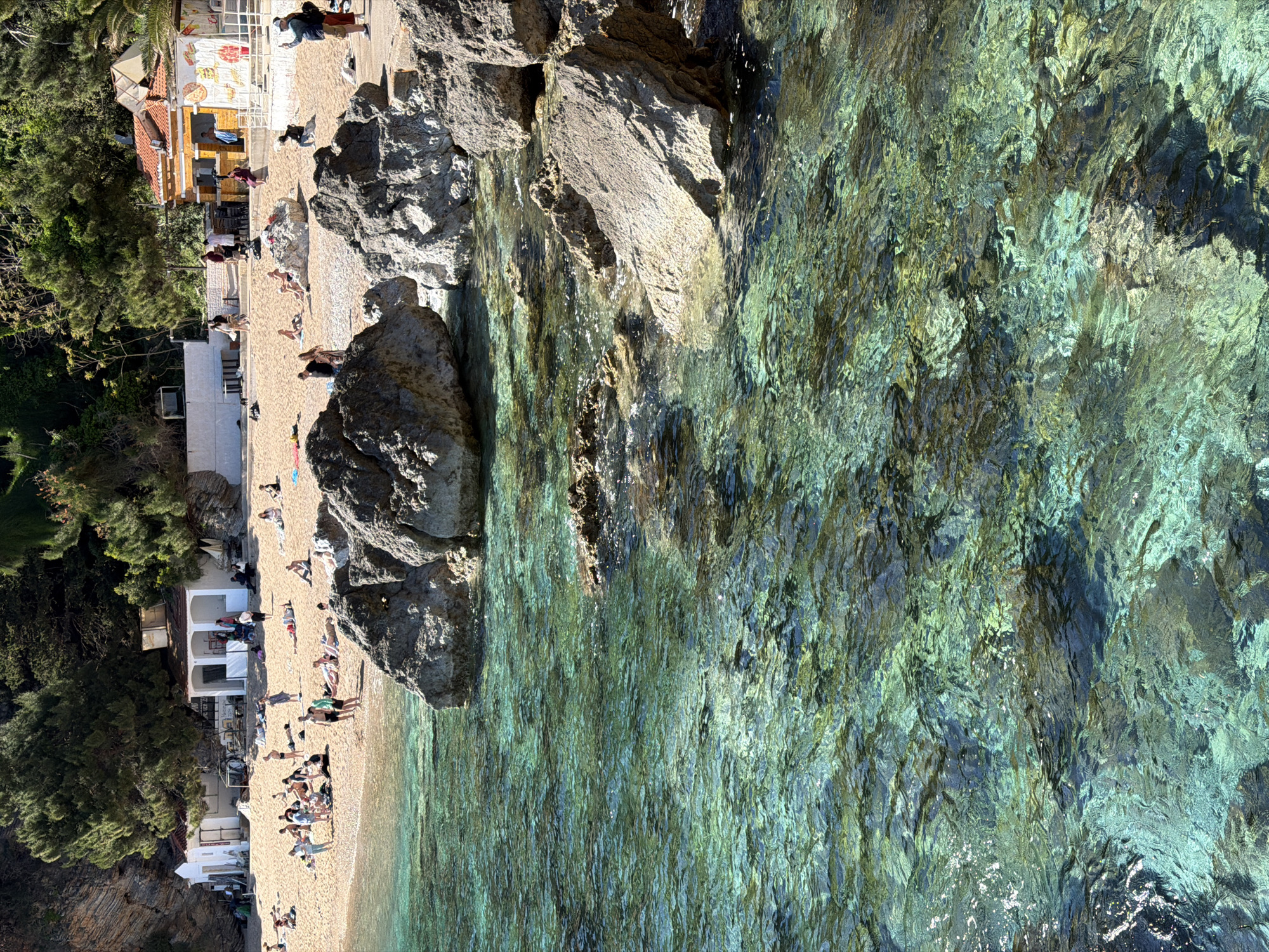 The image presents a vibrant, high-angle view of a sunny coastal beach, rotated 90 degrees clockwise. The upper and right portions of the frame are dominated by remarkably clear, rippling turquoise and emerald-green water, through which various rock formations are visible beneath the surface. Sunlight dances on the water, creating bright, shimmering patterns.
Along the bottom and left side, a golden sandy beach is densely populated with numerous individuals. Many people are engaged in leisure activities, such as sunbathing on towels or sunbeds. Others are seen standing, walking, or gathering in small groups near the water's edge and around the beach amenities.
Large, rugged grey rock formations punctuate the coastline, extending into the water and creating natural partitions along the beach. Behind the sandy stretch, several buildings are visible. These include a rustic wooden beach bar or cafe with decorative artwork on its facade. Adjacent to it, a multi-storied white building features arched entrances, with the partial text "RESTAURANT" discernible above one arch and "APARTMENTS" on a lower section. Further along the beach, a white sign shows "RENT A..." (partially visible). Lush green trees and dense vegetation provide a vibrant backdrop, particularly on the far left side of the image.
The bright lighting and distinct, relatively short shadows indicate a sunny day, likely midday or early afternoon. The overall atmosphere is one of relaxation and enjoyment, characteristic of a popular beach destination like Budva, Montenegro.