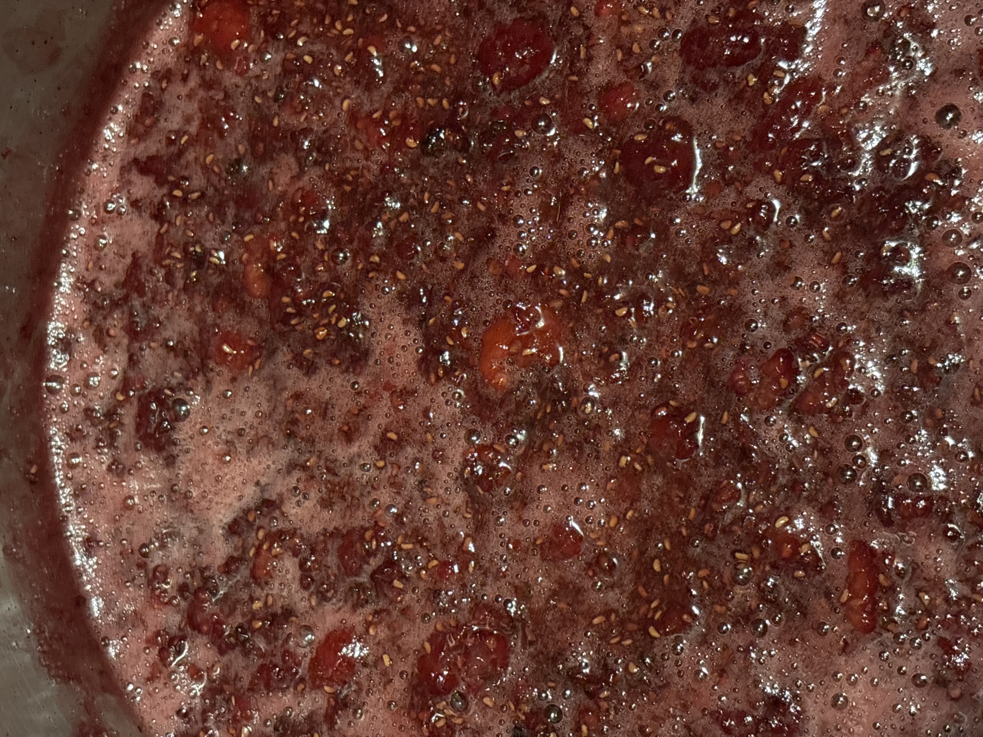 The image shows a close-up, overhead view of a pot filled with bubbling, deep red jam or compote. The jam appears to be made from small berries, possibly raspberries or blackberries, with visible seeds scattered throughout. The surface of the jam is covered in small, iridescent bubbles, indicating it is actively cooking or has just finished cooking. The texture is thick and slightly viscous. The pot's metallic rim is visible at the top edge of the image. There are no people or other objects present. The scene is a still life of food preparation. The location in Cherkasovo, Russia, is not discernible from the image itself.