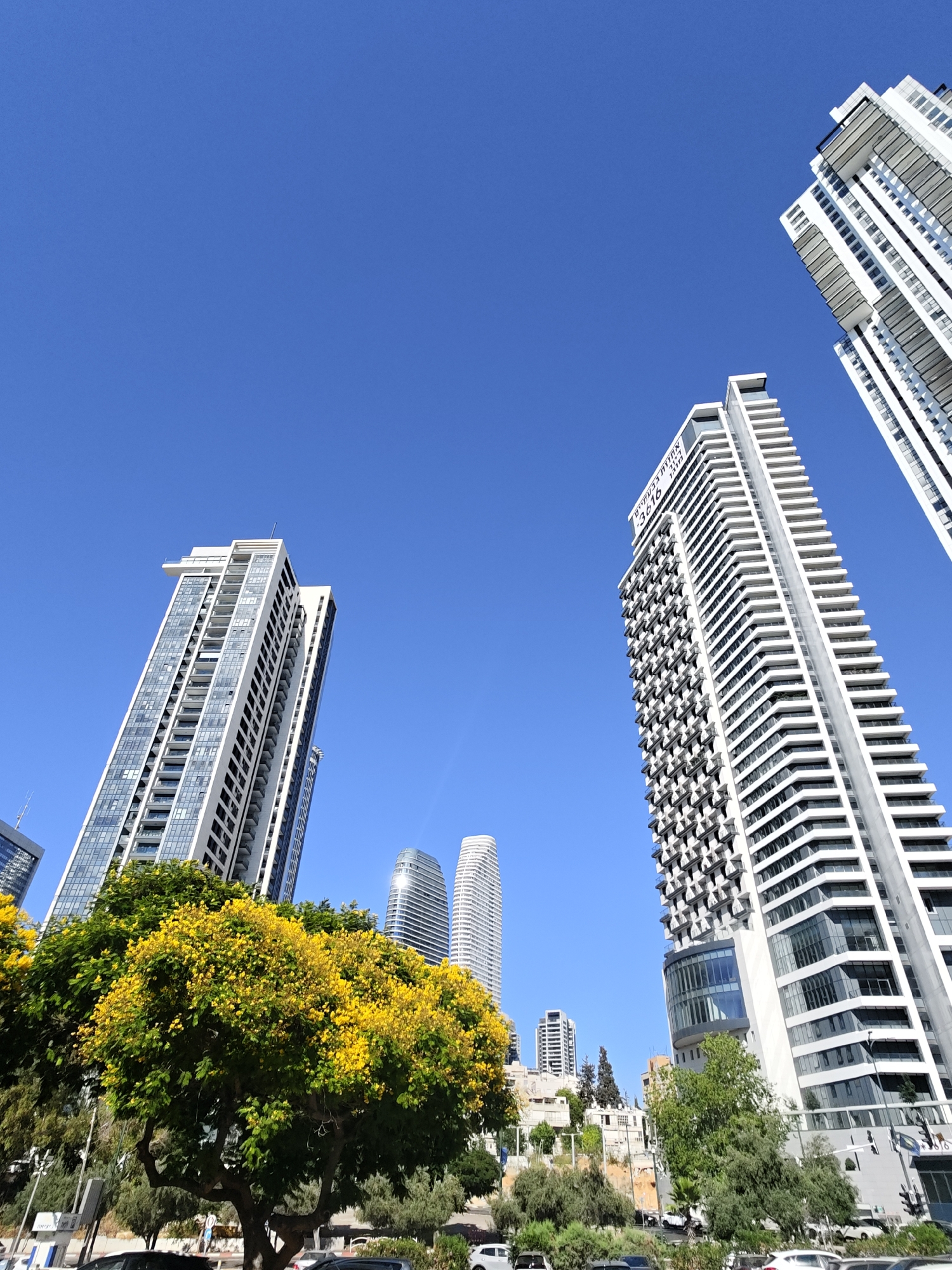 The image shows a street view in Tel-Aviv, Israel, on a clear, sunny day with a vibrant blue sky. Dominating the scene are several modern high-rise buildings. In the foreground, a lush green tree laden with bright yellow flowers is in full bloom, adding a burst of color to the urban landscape.
To the left, a tall, slender skyscraper with a patterned facade and many balconies is prominently featured. Further to the left and slightly behind it, another similar but shorter building is visible. In the center-right of the image, a very tall, white skyscraper with a distinctive wave-like pattern of balconies stands out. This building has lettering on it that appears to be in Hebrew, possibly indicating a building name or address. To the far right, another white skyscraper with a more rectilinear design is partially visible. In the background, several other buildings of varying heights and architectural styles can be seen, suggesting a dense urban environment.
The lower portion of the image shows a street with cars, indicating this is likely a busy area. The overall impression is one of a modern, developed city with a mix of residential and commercial architecture, enhanced by the natural beauty of the blooming tree.