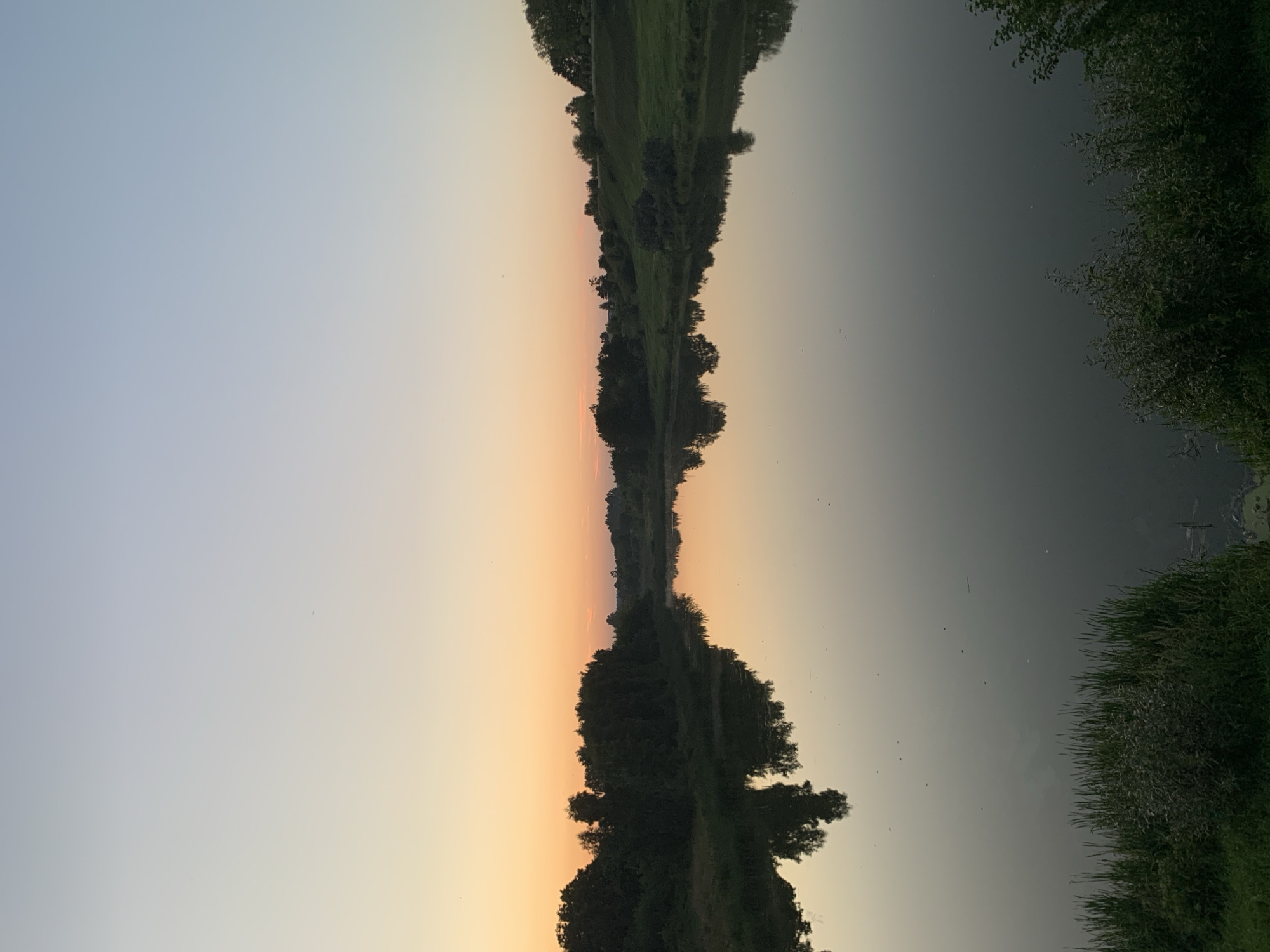 The image depicts a tranquil natural scene at dusk, likely on the outskirts of Kapyĺ, Belarus, given the context. A calm body of water, possibly a river or lake, dominates the mid-ground and foreground, its surface reflecting the soft hues of the fading sky and the silhouette of the treeline. The sky transitions from a pale blue at the top to warm shades of orange and yellow near the horizon, indicating the sun has recently set.
Along the distant bank of the water, a dense line of dark green trees forms a natural boundary. Beyond the trees, rolling hills covered in green grass rise gently, with a few scattered trees dotting the landscape. The water itself appears still, with minimal ripples, creating a mirror-like reflection of the surroundings.
In the foreground, the edge of the water is lined with thick green reeds and bushes, suggesting a natural, undeveloped shoreline. The overall atmosphere is serene and peaceful, characteristic of a rural or natural setting at twilight. No people or explicit man-made structures are visible, reinforcing the impression of an undisturbed natural environment.