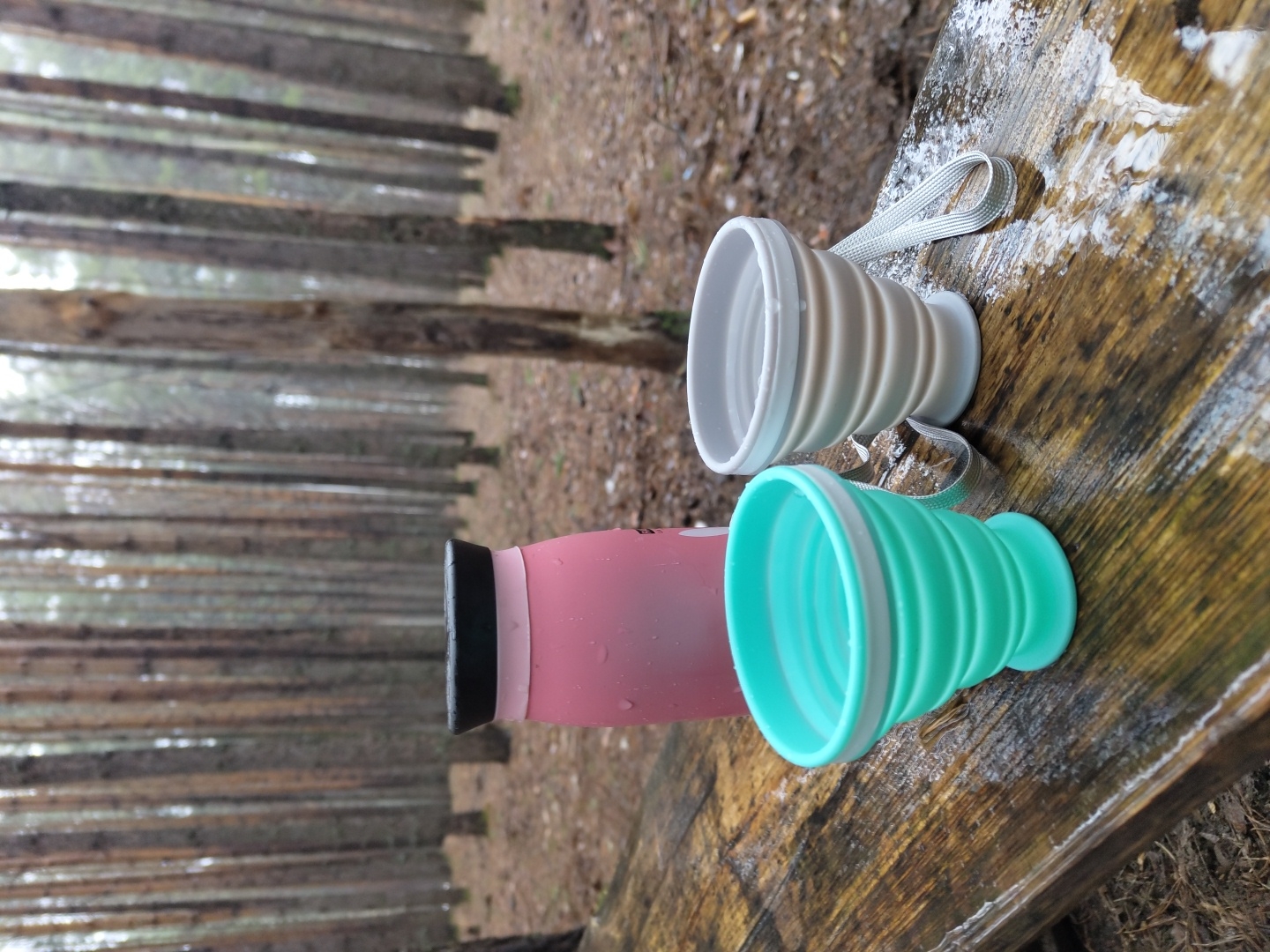 This image, taken in Chaikovsky, Russia, depicts an outdoor scene focusing on hydration accessories set against a forest backdrop. The photograph is presented with a 90-degree counter-clockwise rotation, making the trees appear horizontal.
In the foreground, on a wet, weathered wooden surface, are three items. A translucent pink water bottle with a dark grey cap lies horizontally, covered in small water droplets, suggesting recent rain or high humidity. Adjacent to it, towards the center of the frame, is a teal-colored collapsible silicone cup, expanded and upright, ready for use. Further up and to the right, a light grey collapsible silicone cup, also expanded, is visible. Both silicone cups have white rims and small grey fabric loops attached, likely for portability. The wooden surface beneath them shows signs of moisture and wear.
The background features a dense forest composed of numerous tall, slender tree trunks, characteristic of pine trees. The forest floor is covered in needles and organic debris. The lighting appears soft and diffused, indicating an overcast sky during the daytime. No people are present in the image, nor is any discernible text visible on the objects. The arrangement of the items suggests an activity like hiking or a picnic in a natural, damp forest environment.