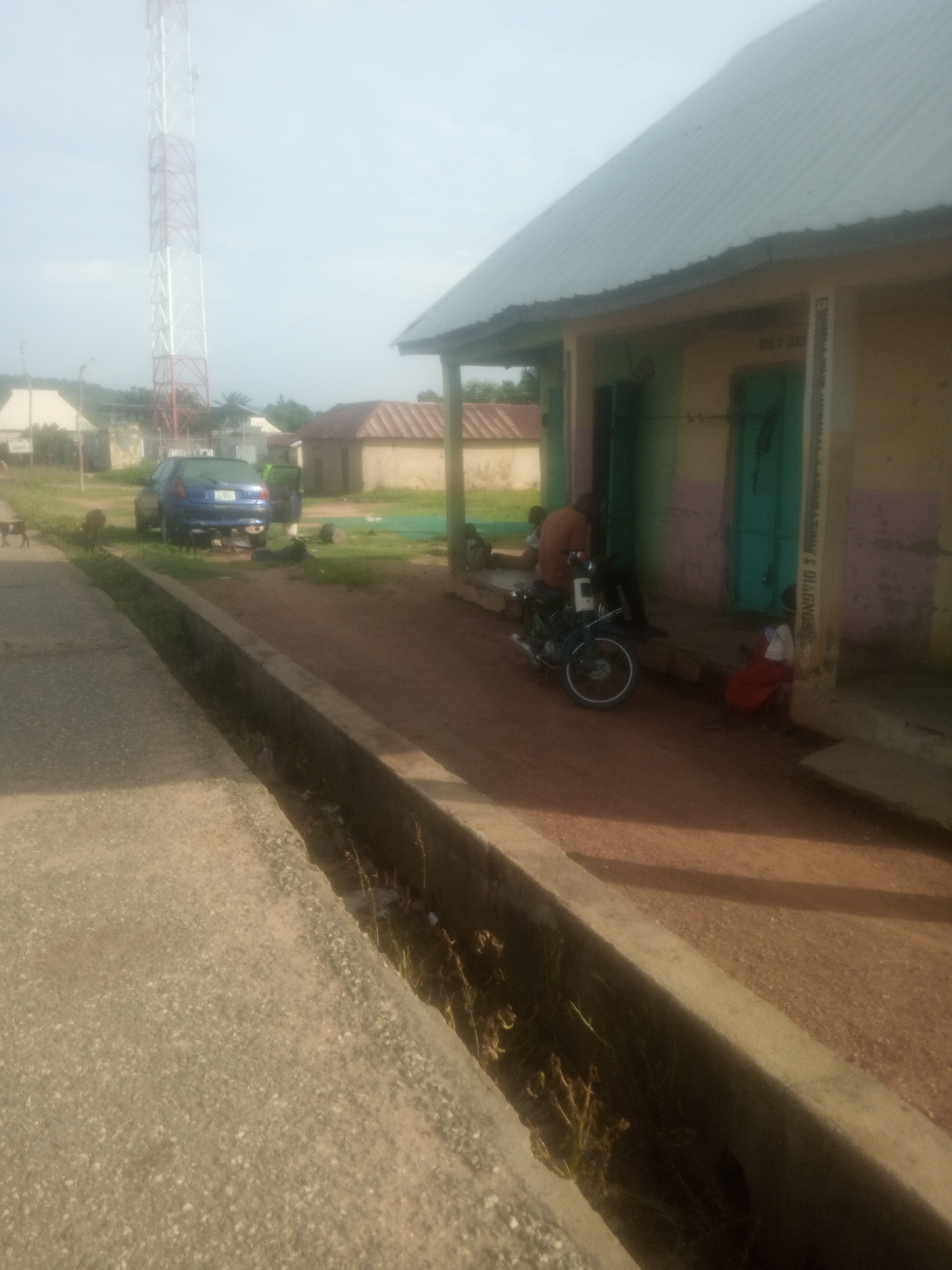 The image depicts an outdoor scene in Serti, Nigeria, likely during daytime with overcast or hazy conditions. In the foreground, a concrete pathway runs along a drainage ditch. Beyond the ditch, a dirt road is visible.
Several subjects are present in the scene. A blue hatchback car with its rear hatch open is parked on the right side of the dirt road. Nearby, a man is seated on a motorcycle. Another individual, possibly a woman wearing a red skirt, is seated near the entrance of a building. A few other people are partially visible in the background, near the car and the motorcycle. Two goats are also present in the scene, one on the left side of the road and another near the car.
A building with a metal roof and light-colored walls, accented with pink and green stripes, occupies the right side of the frame. The building has at least two doorways with green doors. A sign with some text is partially visible on the exterior wall of the building. In the background, a tall, red and white lattice telecommunications tower stands prominently against the sky, indicating a connection to modern infrastructure. Scattered houses and vegetation are also visible in the distance. The overall impression is a rural or semi-urban environment.