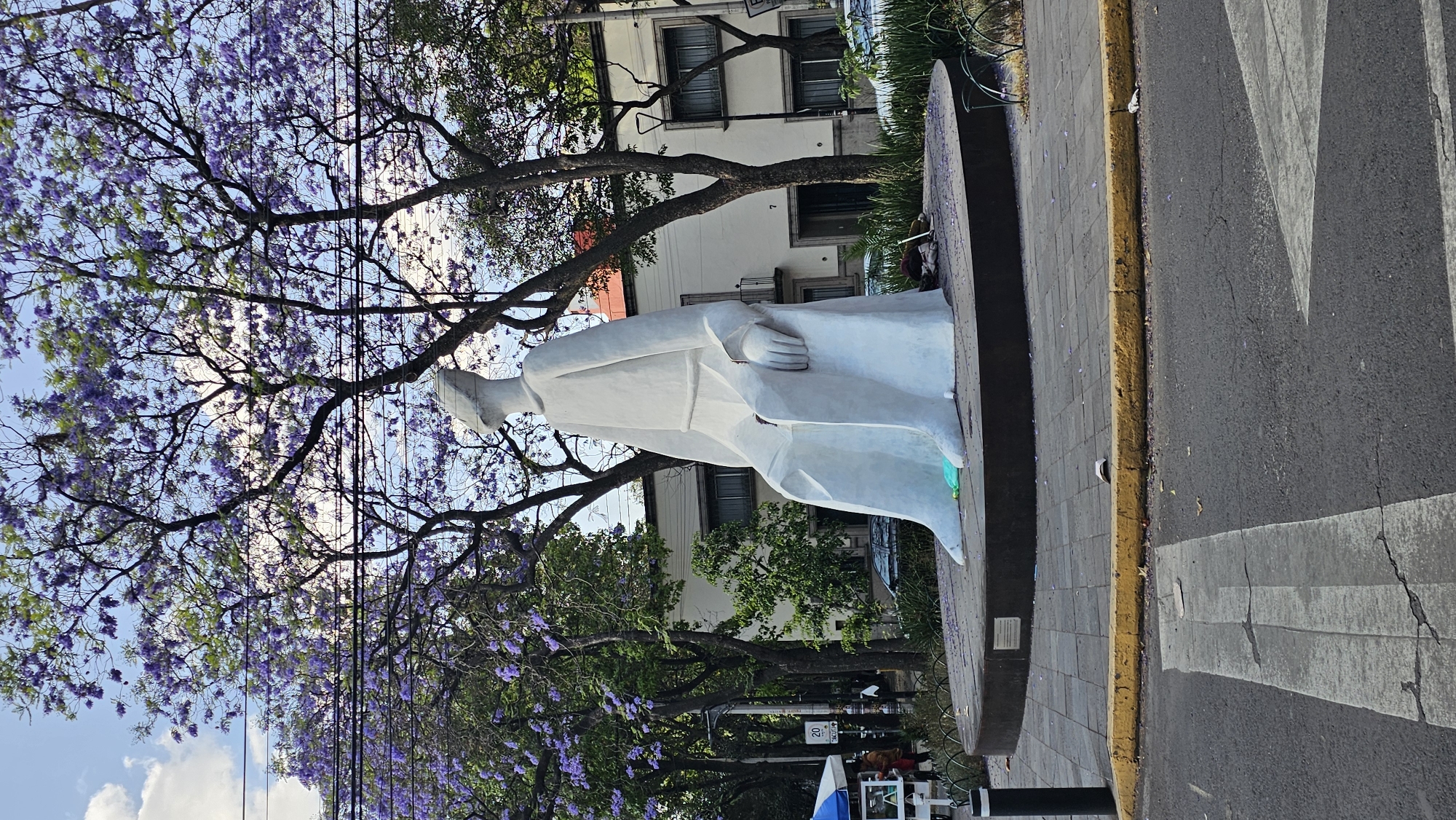 The image shows a white statue of a seated man in Mexico City, Mexico. The statue is positioned on a stone plinth, beside a sidewalk and road, near blooming jacaranda trees with purple flowers. A multi-story building is in the background. A pedestrian crossing is visible on the road. People are seen in the background near a sign. The scene appears to be during the day under clear skies.