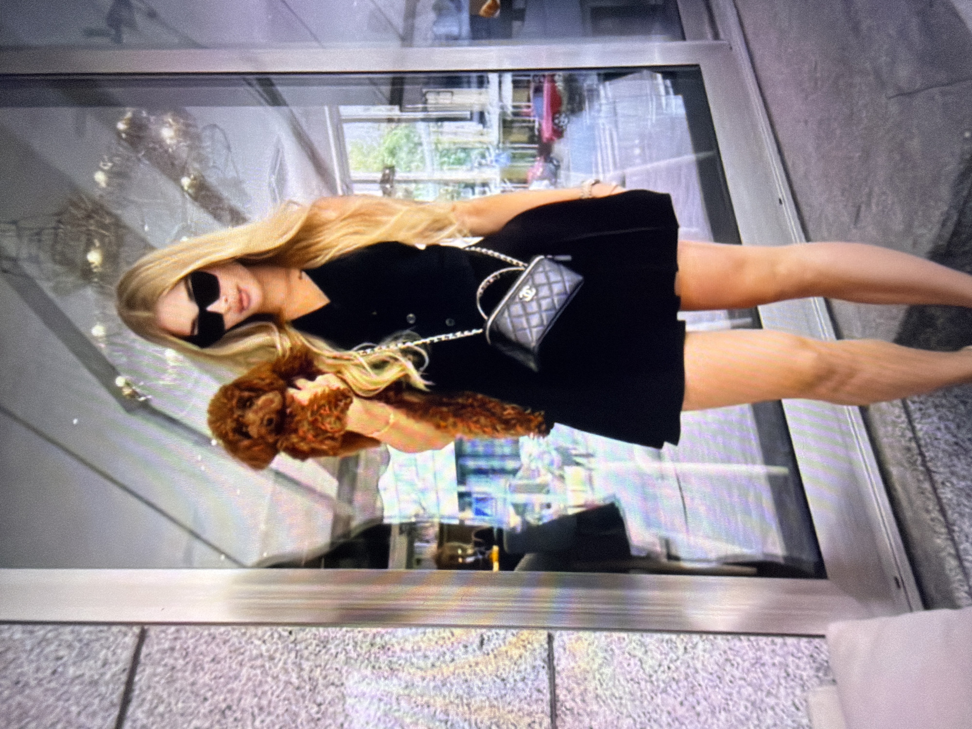 A blonde woman wearing sunglasses and a black dress stands with a small, fluffy brown dog in her arms. She is holding the dog close to her chest. The woman is also carrying a small black purse with a silver chain strap. She is standing in front of a large window or glass door, with reflections of the outdoors visible on the glass. The setting appears to be urban, possibly a store or a building entrance, with the ground made of stone tiles. The lighting suggests it is daytime, with natural light coming from outside. The woman's expression is partially obscured by her sunglasses, but she appears to be looking towards the camera with a slight smile. The dog's face is also visible, and it seems to be looking in the same direction. The overall mood is casual and stylish.