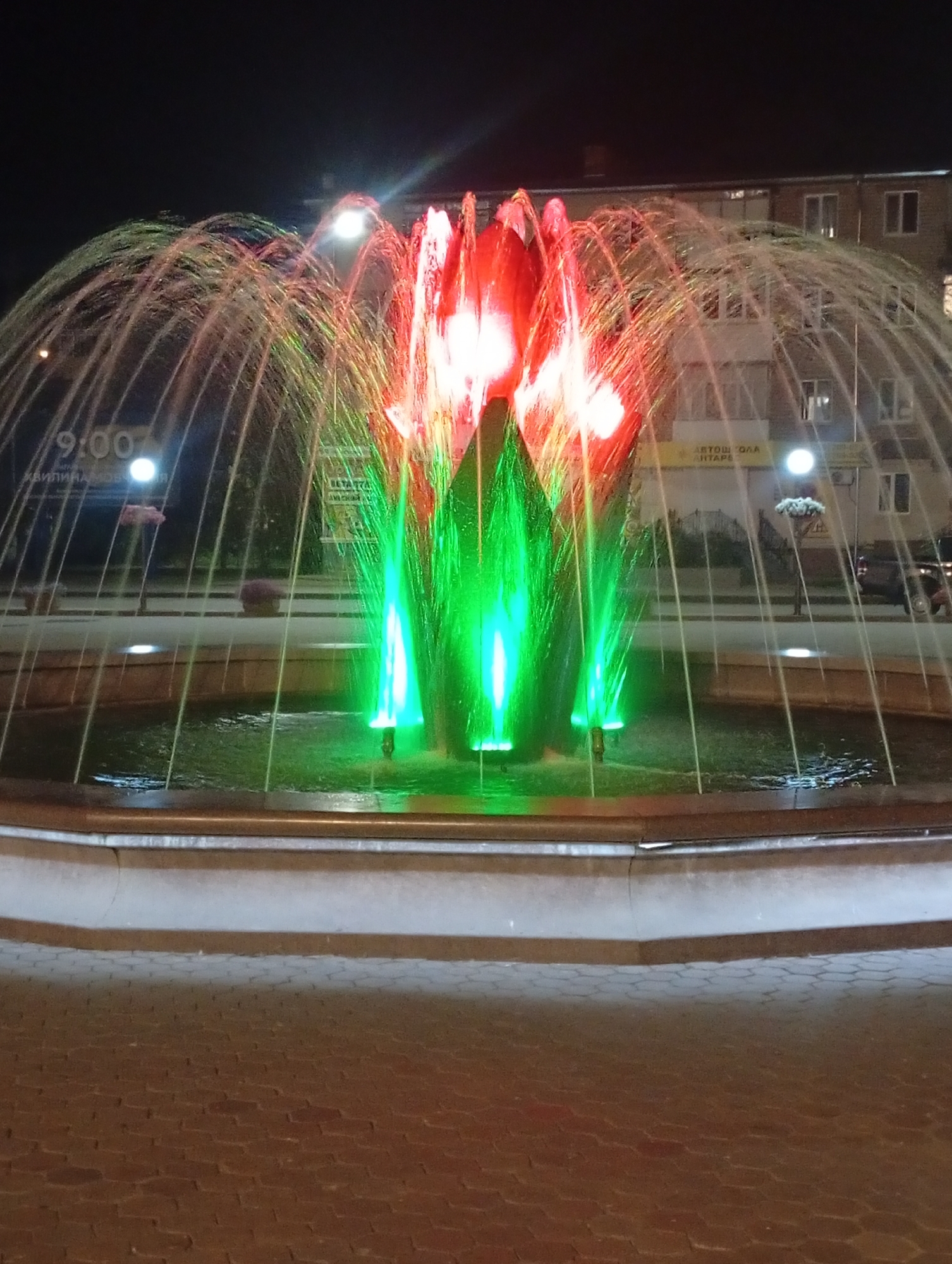 The image shows a fountain at night in the city of Pokrov, Ukraine. The fountain is illuminated with red and green lights and resembles a flower. Water is spraying from the fountain in arcs, creating a mesmerizing effect. In the background, a building with windows and balconies is visible. A sign with Russian text is also present. The ground in front of the fountain is paved with brick. The overall scene is vibrant and lively, despite the darkness.