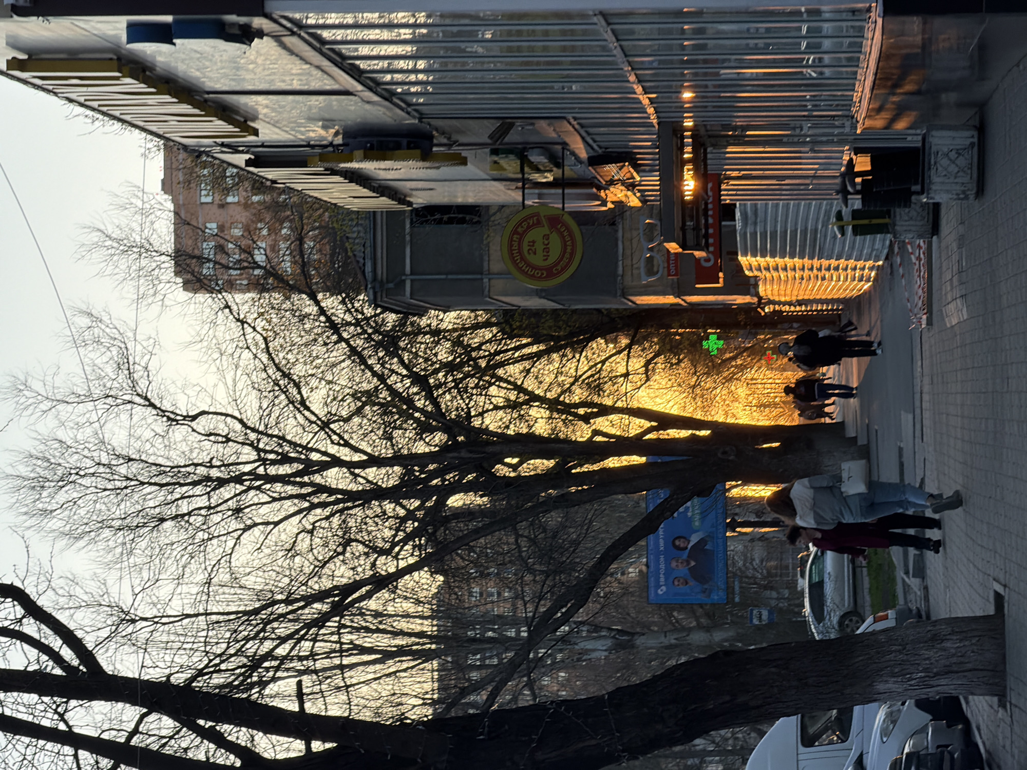 The image depicts a street scene in Rostov-on-Don, Russia, likely taken during sunset. The viewpoint is at street level, looking down a sidewalk. A bare-branched tree dominates the foreground, its branches obscuring the sky. Behind the tree, the setting sun creates a bright glow, highlighting silhouettes of buildings and the sky. On the right side of the frame, people are walking along the sidewalk. Cars are parked along the curb. A building lines the sidewalk, with signage in Russian, including a sign with Cyrillic text and numbers indicating "24 часа" (24 hours), suggesting a 24-hour establishment. A billboard is partially visible on the left.