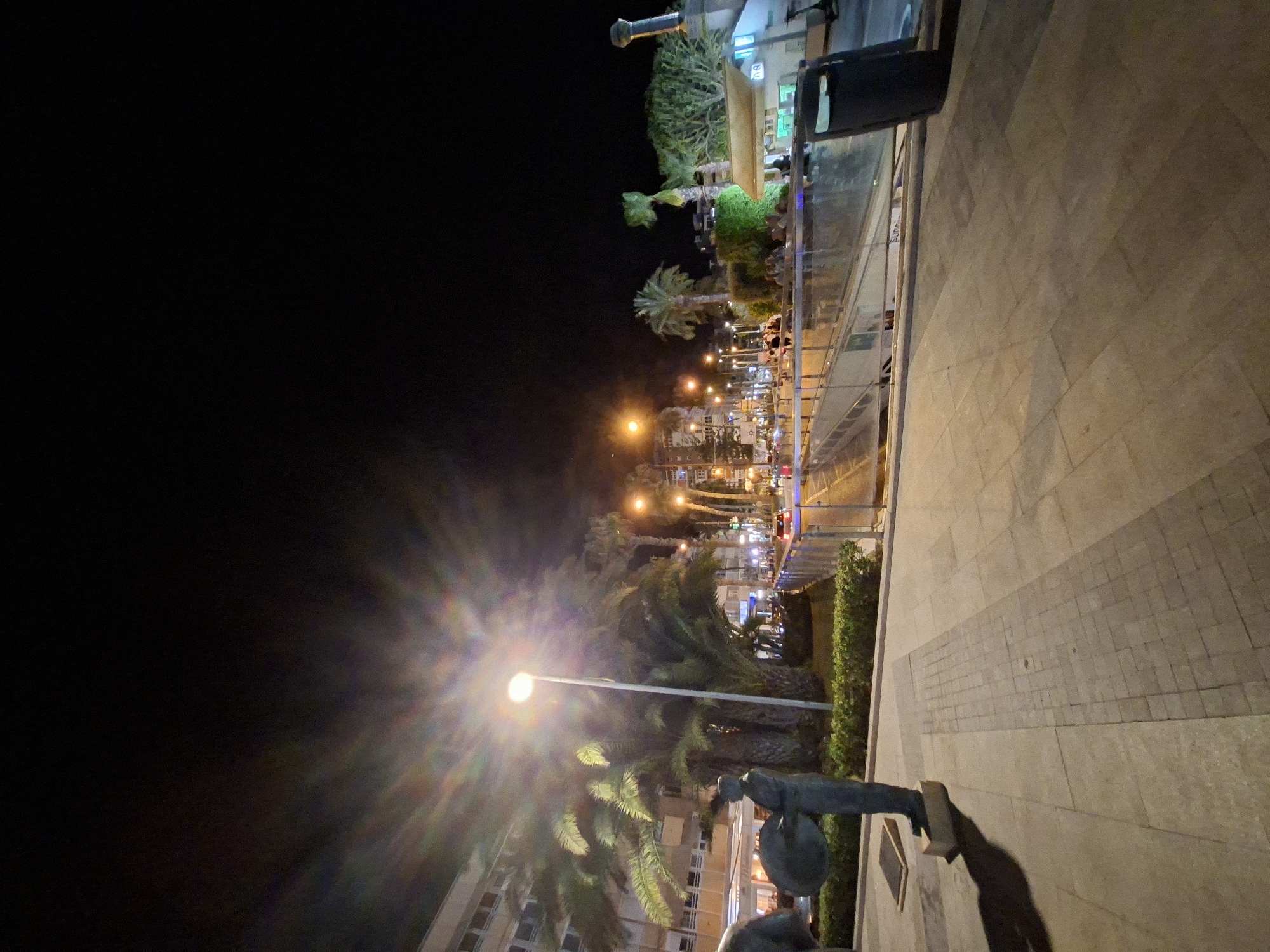 The image captures a nighttime scene on a promenade in Torrevieja, Spain. In the foreground, a stone-paved walkway leads towards a street lined with palm trees and buildings. A statue of a person holding a large cymbal is visible on the left, with its shadow cast on the ground. A streetlamp with a bright light bulb illuminates the area.
Beyond the walkway, a street with traffic and pedestrians is visible. Cars with their headlights on are driving, and people are walking along the sidewalk. The buildings on the opposite side of the street are illuminated, showing windows and architectural details.
Further in the background, more palm trees and vegetation are present. There is a structure with a blue illuminated sign and a cylindrical element on top, possibly a part of a building or monument. A black trash can stands near the edge of the promenade. The overall impression is that of a lively urban environment at night, with artificial lighting creating distinct shadows and highlights.