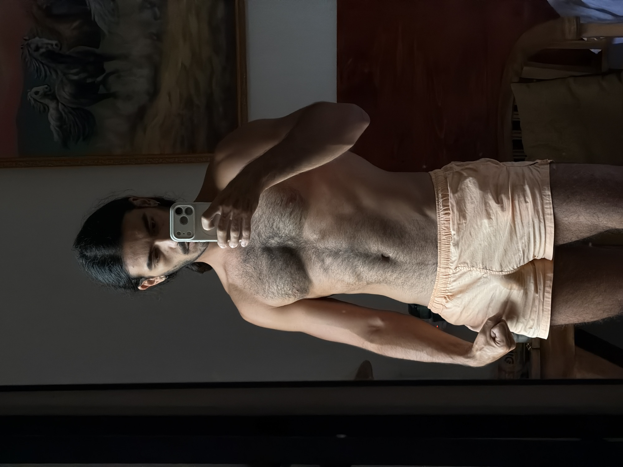 An upright, full-body mirror selfie features a man posing indoors. He has long, dark hair and a beard or stubble. His upper body is bare, revealing a hairy chest, and he wears light peach or tan colored shorts. He is holding a smartphone with a light green or grey case to take the picture, his face partially obscured by the phone. His left arm is flexed, suggesting a pose.
The setting appears to be a room, with various elements reflected in the mirror behind him. To the left, a framed painting depicting several horses in motion is visible on a wall. The room also features sections of a dark red/brown wall and a lighter colored wall. A piece of wooden furniture, possibly a chair or bed frame, with a light-colored cushion, is visible in the upper right background. The lighting is somewhat dim and directional, casting shadows and highlighting parts of his body, suggesting an indoor setting with artificial or limited natural light. No visible text is present in the image.