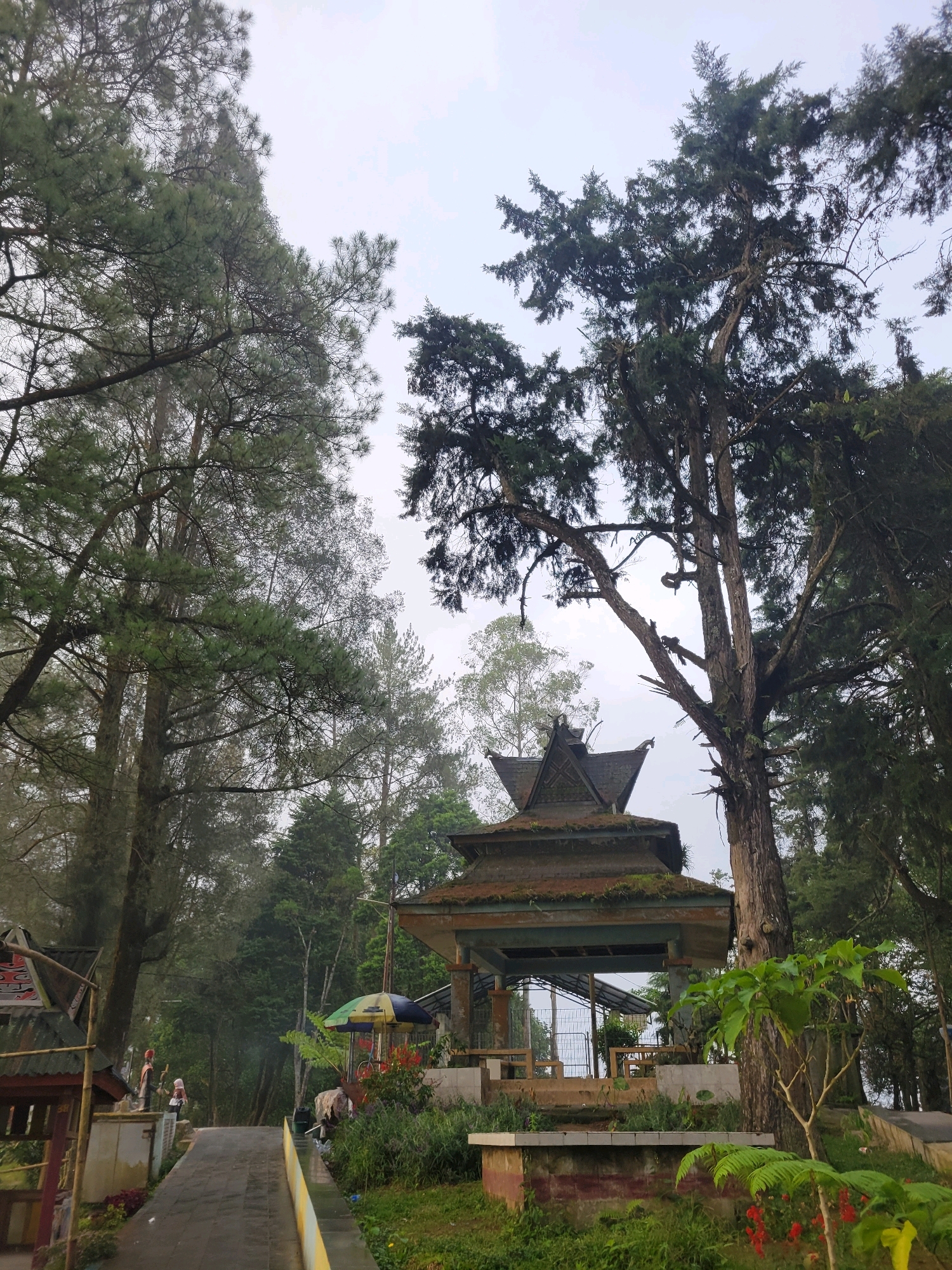 This image captures a serene outdoor scene in Berastagi, Indonesia, characterized by lush greenery and traditional architectural elements. Dominating the foreground are several tall, mature trees, their dense canopies creating a dappled light effect on the ground. Among these trees, a distinctive pavilion-like structure stands out. It features a multi-tiered, dark-colored roof with intricate detailing and moss growing on its surface, suggesting age and integration with the natural environment. The pavilion is open on the sides, revealing benches and a sense of communal gathering space.
To the left of the pavilion, a paved pathway curves gently uphill, bordered by low walls and vibrant green foliage. Along this path, two figures are visible, appearing to be engaged in conversation. They are dressed in clothing that suggests local attire, one wearing a headscarf and the other a dark top and lighter bottoms. Near the figures, a smaller, traditional building with a dark, sloped roof can be seen. Further to the right, a colorful umbrella stands open, partially obscuring a glimpse of a bicycle and some potted plants.
The overall environment suggests a park or a recreational area within a forest-like setting. The atmosphere is somewhat hazy, indicating either a misty morning or the general ambiance of a humid, tropical climate. The details point to a location in Berastagi that blends natural beauty with cultural structures, offering a tranquil retreat.