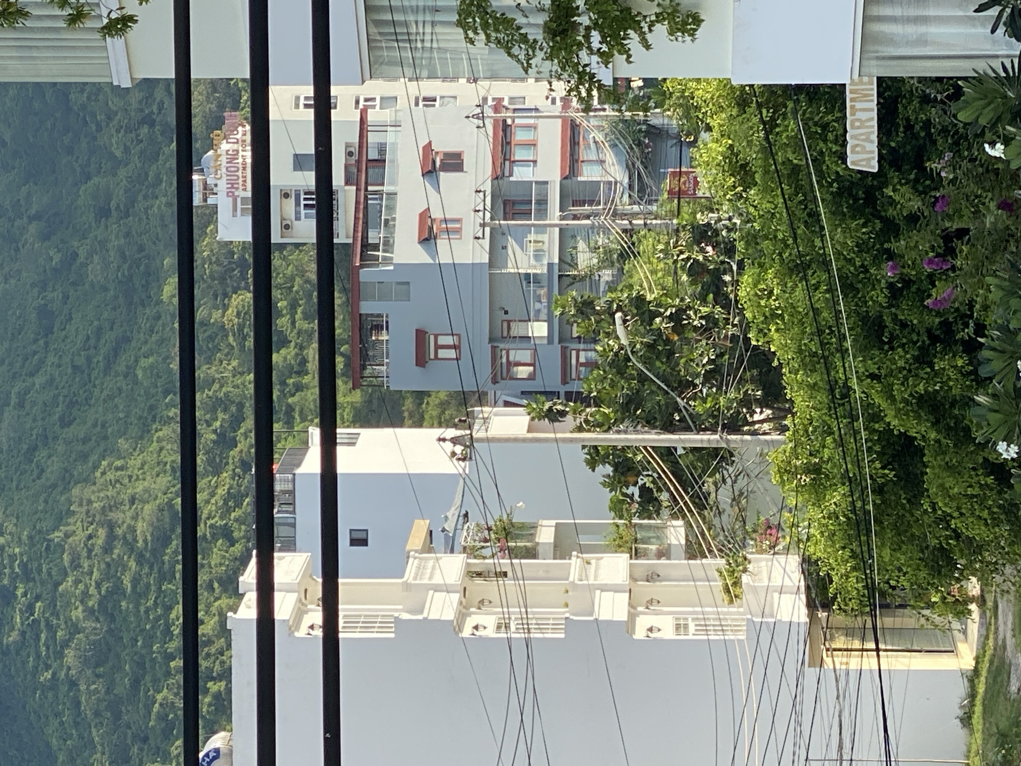 The image is a street-level, medium-shot photograph taken in Bac Nha Trang Ward, Vietnam. In the foreground, a white building with several balconies and windows is visible on the left, partially obscured by dense green foliage and electrical wires. To the right, another white building is partially visible.
In the mid-ground, a light blue apartment building with red-trimmed windows and balconies is centered. Further back, a white building with a red sign that reads "PHUONG DONG APARTMENT FOR REN" is visible. The background is dominated by a lush, green, tree-covered mountainside bathed in sunlight. The scene appears to be an urban residential area nestled against a natural landscape. No people are visible in the frame. The overall lighting suggests it is daytime, likely late afternoon due to the warm, angled sunlight.