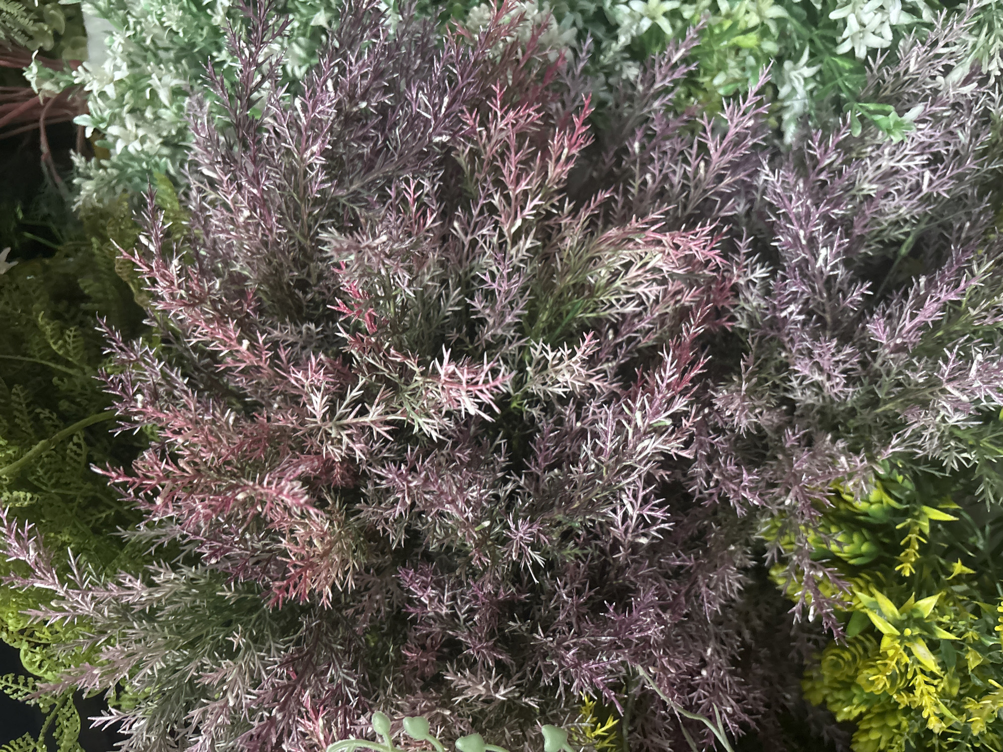 The image shows a close-up of several artificial plants. The foreground is dominated by a large bunch of feathery, reddish-purple sprigs with hints of green and white. To the left and bottom of this central cluster, there are vibrant green and yellow leafy plants. In the background, other artificial greenery can be seen, including lighter green foliage and some white flowers. The lighting is even, suggesting an indoor setting, likely a store displaying decorative plants. No people or animals are visible. The image does not contain any contextual information that would allow for its placement in Lhokseumawe, Indonesia, or any other specific city.