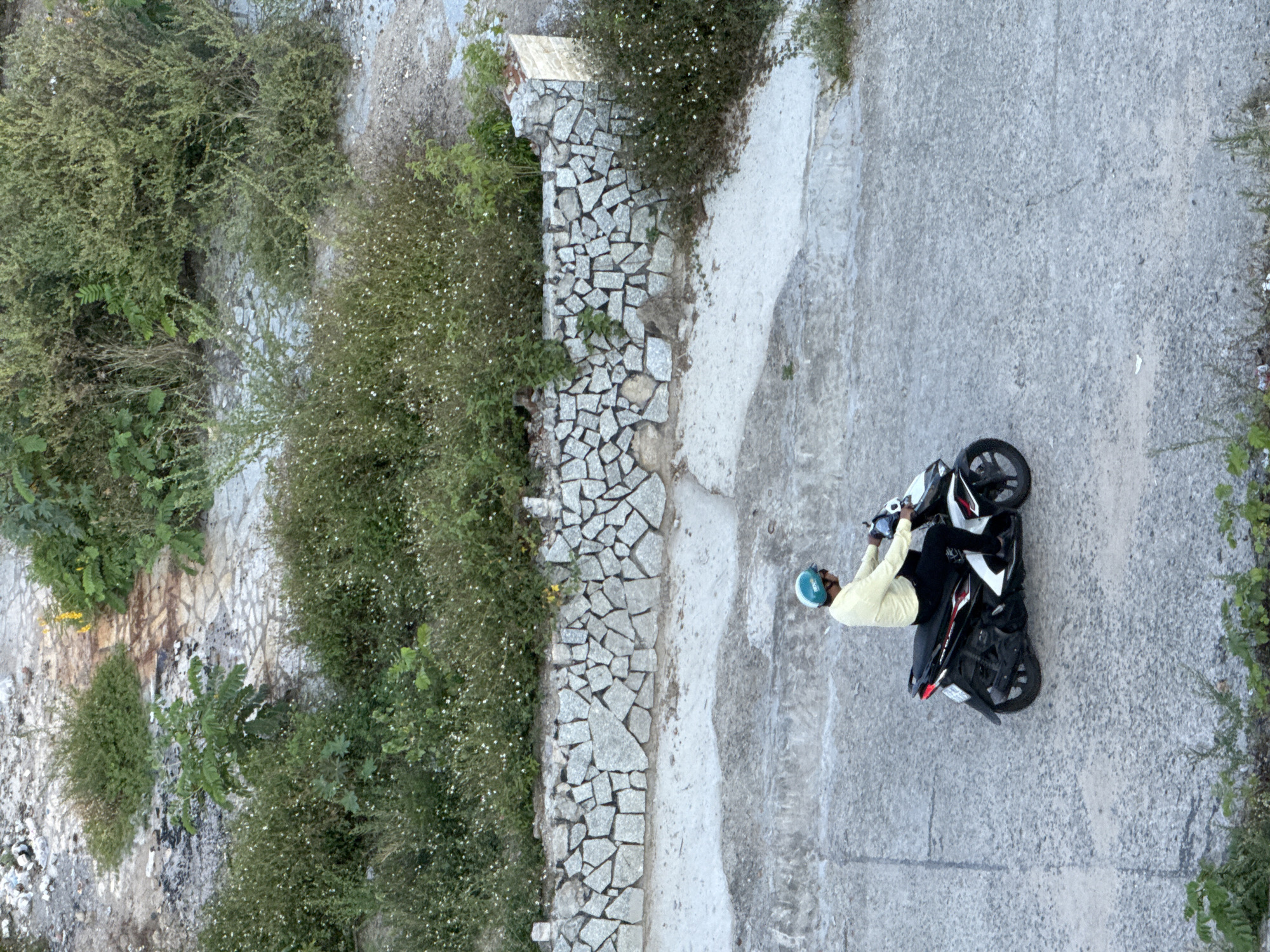 An overhead shot captures a person riding a scooter on a paved road in what appears to be Bac Nha Trang Ward, Vietnam. The scooter is black and white, and the rider wears a light yellow shirt, dark pants, and a teal helmet. The road surface is grey and textured with visible cracks and some debris. Behind the road, a low wall constructed from irregularly shaped gray stones separates it from an area with dense green vegetation and small white flowers. Further up, more vegetation and patchy, light-colored ground are visible. The overall scene suggests an outdoor, semi-urban or rural environment.