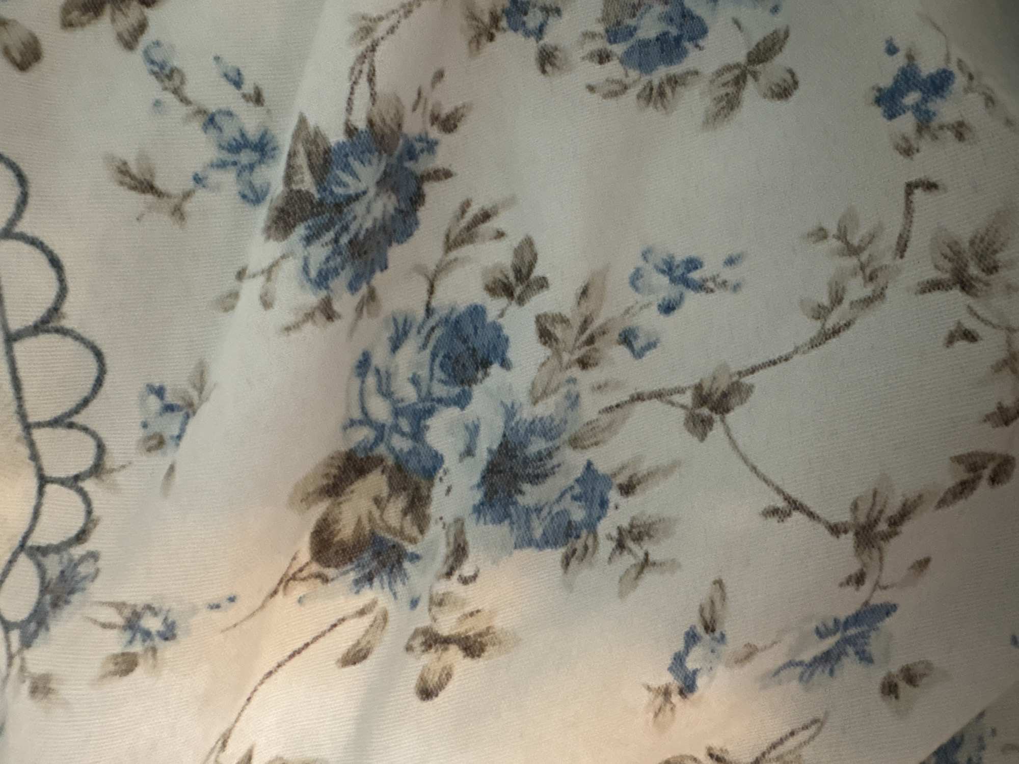 This close-up image features a white or off-white fabric patterned with a delicate floral design. The primary subjects are numerous flowers and foliage elements, scattered across the textile. The flowers are depicted in various shades of blue, ranging from soft sky blue to a more muted, deeper blue, often appearing as clusters of blossoms or smaller sprigs. Accompanying leaves and thin stems are rendered in tones of brown or gray-brown, providing subtle contrast to the blue flowers.
On the left side of the frame, a partial decorative border is visible, composed of repeating scalloped or semicircular shapes outlined in a darker blue or gray, suggesting the edge of a textile item. The fabric appears to be softly draped or folded, creating gentle undulations and subtle shadows that add depth to the composition.
A soft, diffused light source illuminates the material, highlighting its texture and creating a slightly brighter area in the lower-middle portion of the image. No specific activity or event is taking place; it is a static image of the patterned fabric. There is no visible text. The location context for this media file is Smirnenski, Bulgaria.