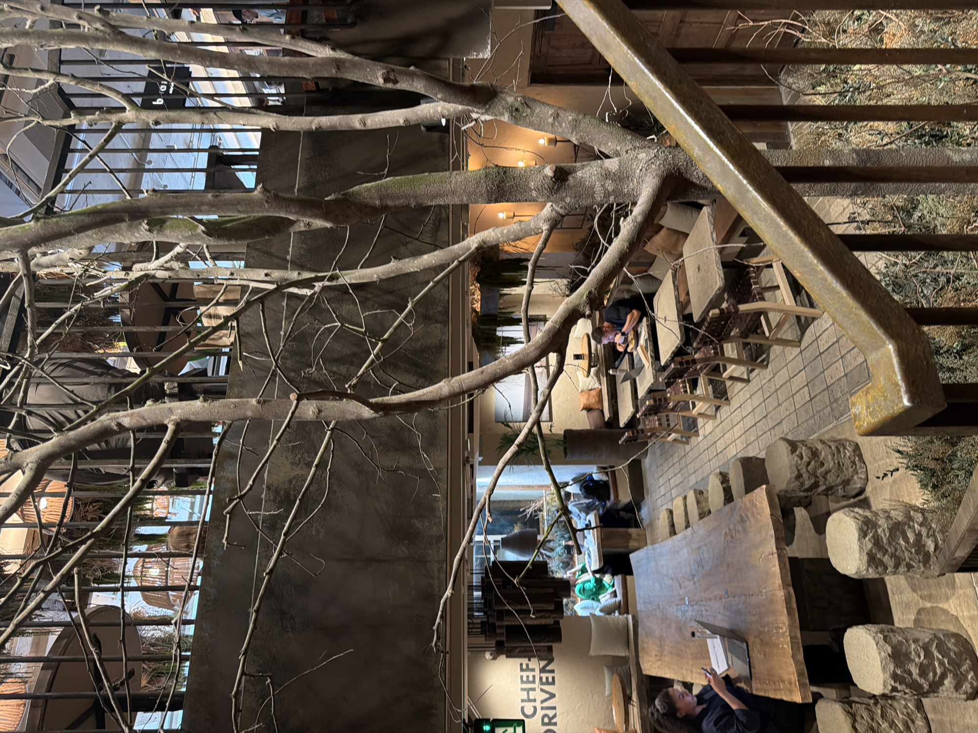 The image depicts an interior scene in what appears to be a restaurant or cafe, potentially located in London, United Kingdom. The view is somewhat obscured by a decorative tree branch in the foreground.
In the background, there are several dining tables and chairs, and a mix of patrons. One person is looking at a laptop at a large wooden table with stone blocks as seats. Further back, more patrons are sitting at tables. A metal railing is on the right. "CHEF DRIVEN" signage is visible towards the bottom of the image. The interior has a contemporary and somewhat rustic aesthetic, with natural elements incorporated into the design. The lighting is soft and warm, creating a cozy atmosphere.
