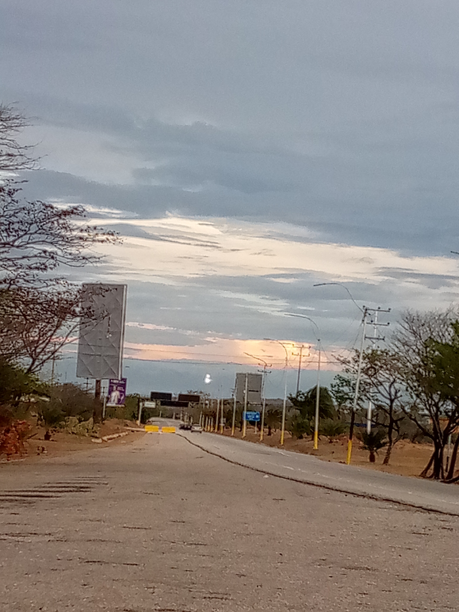 The image shows a view down a straight, paved road in Las Guevaras, Venezuela. The road surface is cracked and worn. On either side of the road are trees and utility poles. To the left is a large billboard. In the distance, the road passes under an overpass. The sky is overcast with a band of light visible on the horizon. A few cars are visible in the distance. No people are visible in the image.