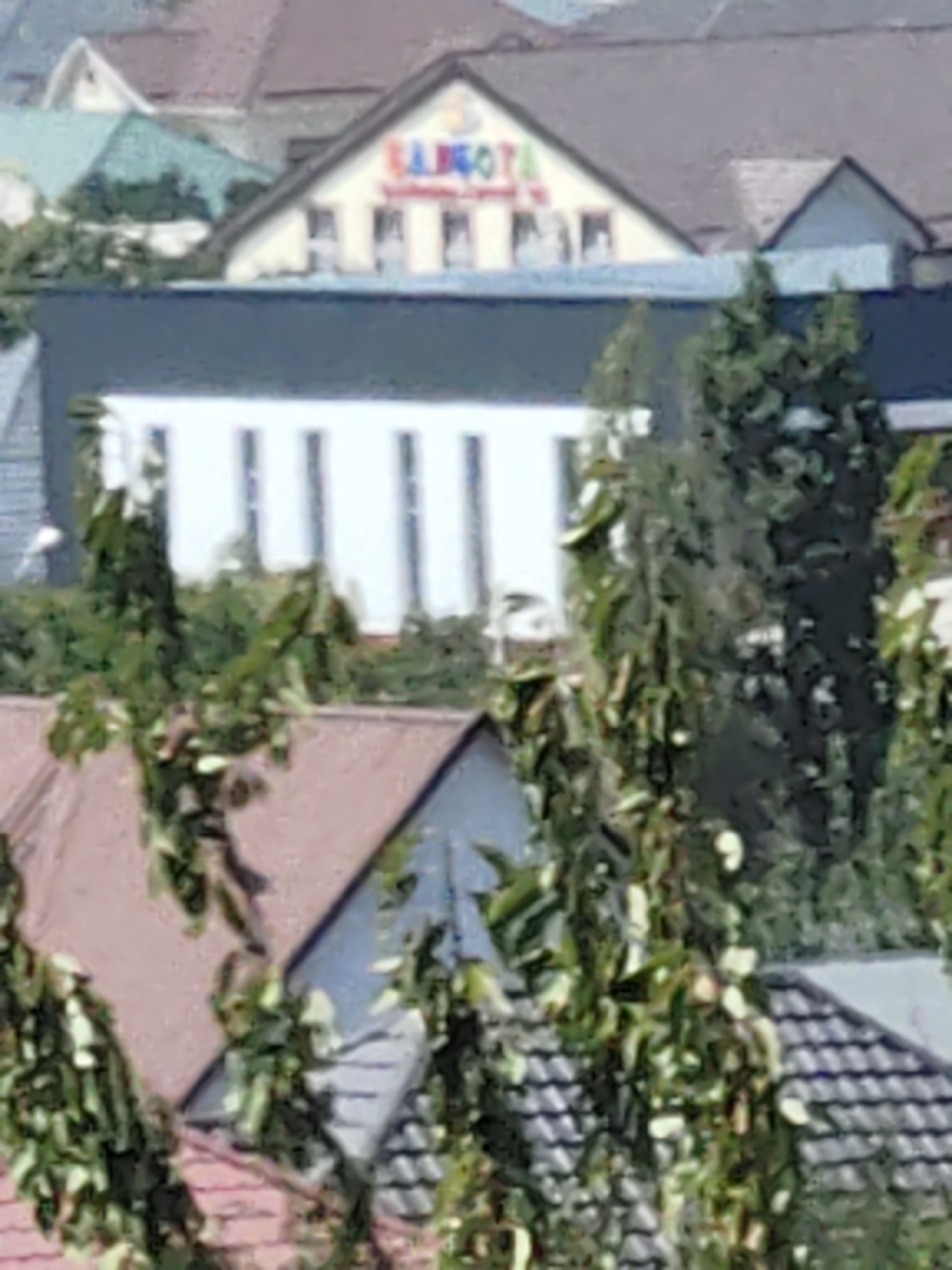 The image shows a distant view of buildings in Shymkent, Kazakhstan. The prominent structure in the upper center is a building with a sloped roof, featuring a colorful sign with the text "BINGO" in large, stylized letters. Below this building, another structure with a dark roof and white facade is visible, with several tall, narrow windows. In the foreground, foliage from trees obscures parts of the buildings. The overall scene suggests an urban environment, possibly a commercial or residential area.