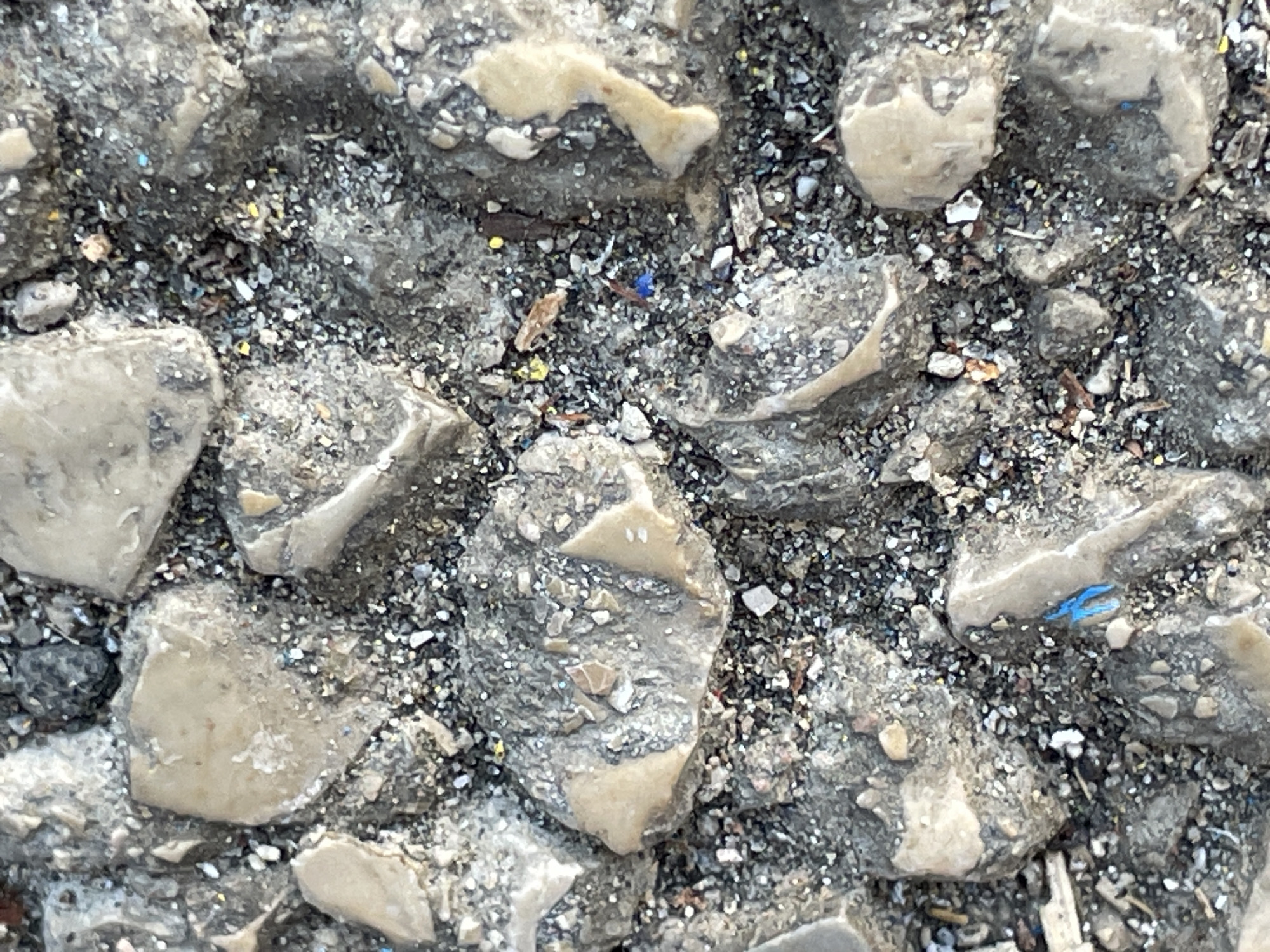 The image presents a close-up, high-angle view of a textured ground surface, likely a worn pathway or an area of exposed aggregate. The scene features a dominant mosaic of irregularly shaped, light-colored stones, ranging from off-white to pale beige, embedded within a darker, granular matrix. These stones vary in size, with some appearing flat and smoothed, while others are more angular.
The spaces between the larger stones are densely packed with finer grit, gravel, and sand, predominantly in shades of dark grey and black. Scattered throughout this granular material are numerous tiny, brightly colored specks. Notable among these are distinct fragments of blue material (possibly plastic), small yellow pieces, and various white and reddish-brown particles, suggesting the presence of microplastics or other small, weathered debris.
The overall texture of the surface is rough and uneven, indicating significant wear or the natural composition of the ground. No people, animals, or specific activities are depicted. The lighting appears to be soft and diffused, highlighting the intricate details and varied textures without harsh shadows. No visible text is present in the image. The location context provided is Troyan, Bulgaria.